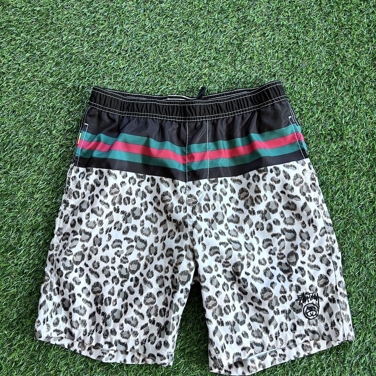 Stussy cheetah print swim trunks black and white