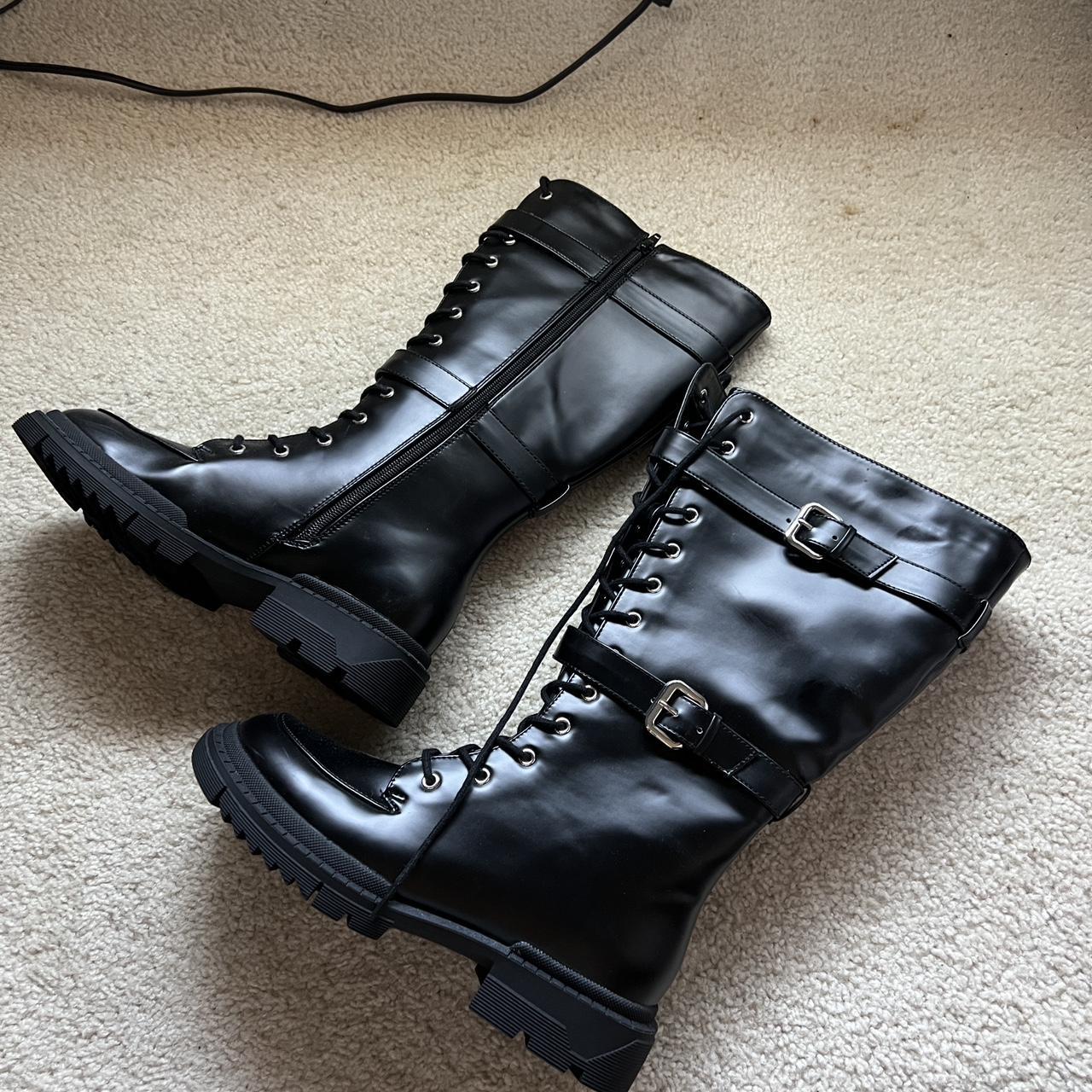 shoedazzle black leather combat boots shoe with... - Depop