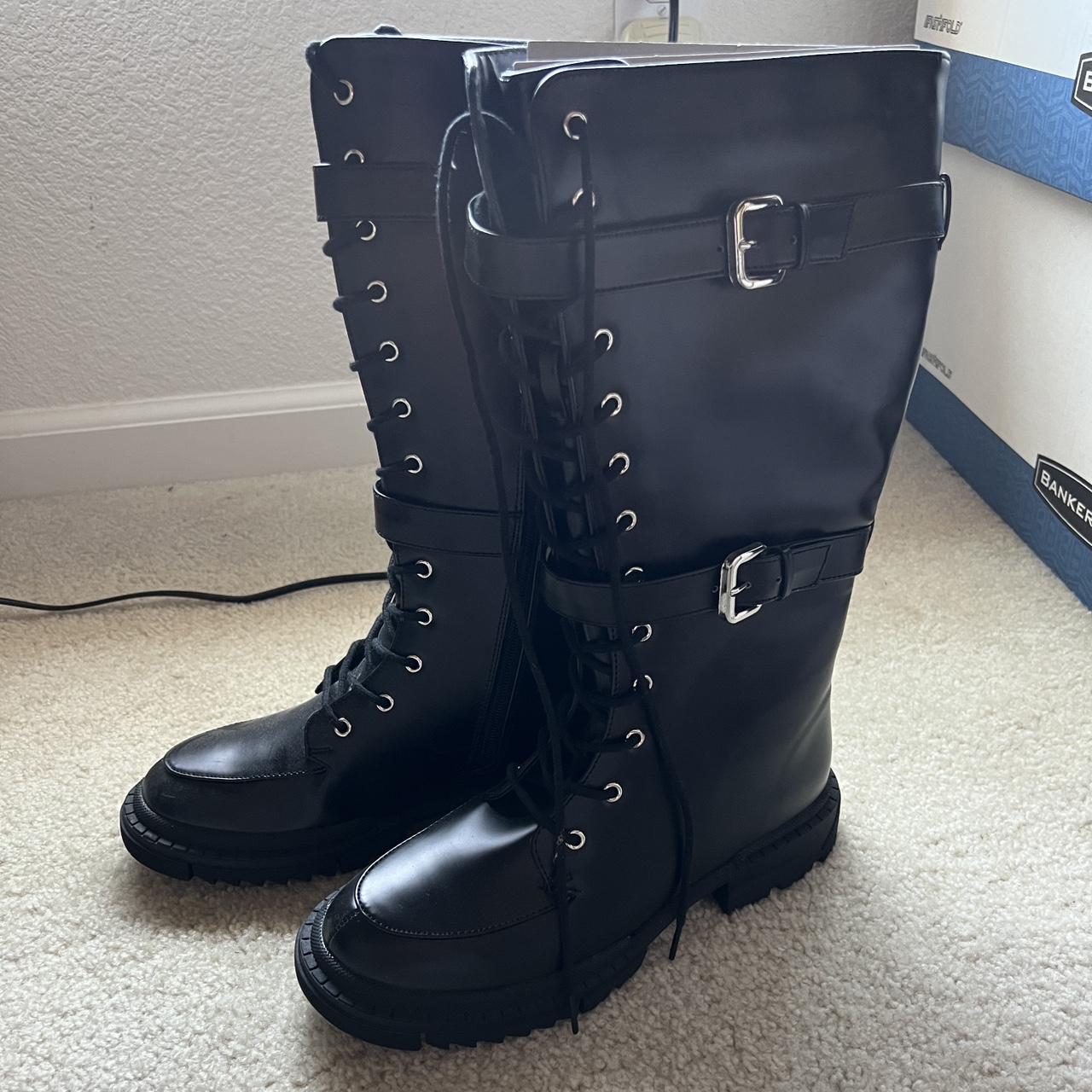 shoedazzle black leather combat boots shoe with... - Depop