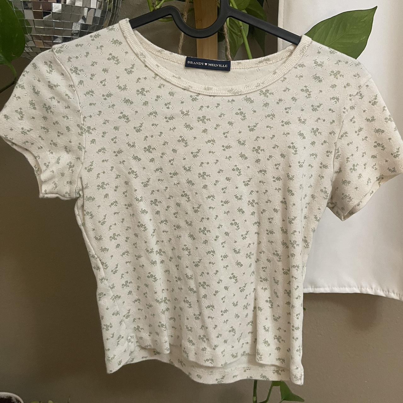 brandy melville green floral print on cream tee!... Depop