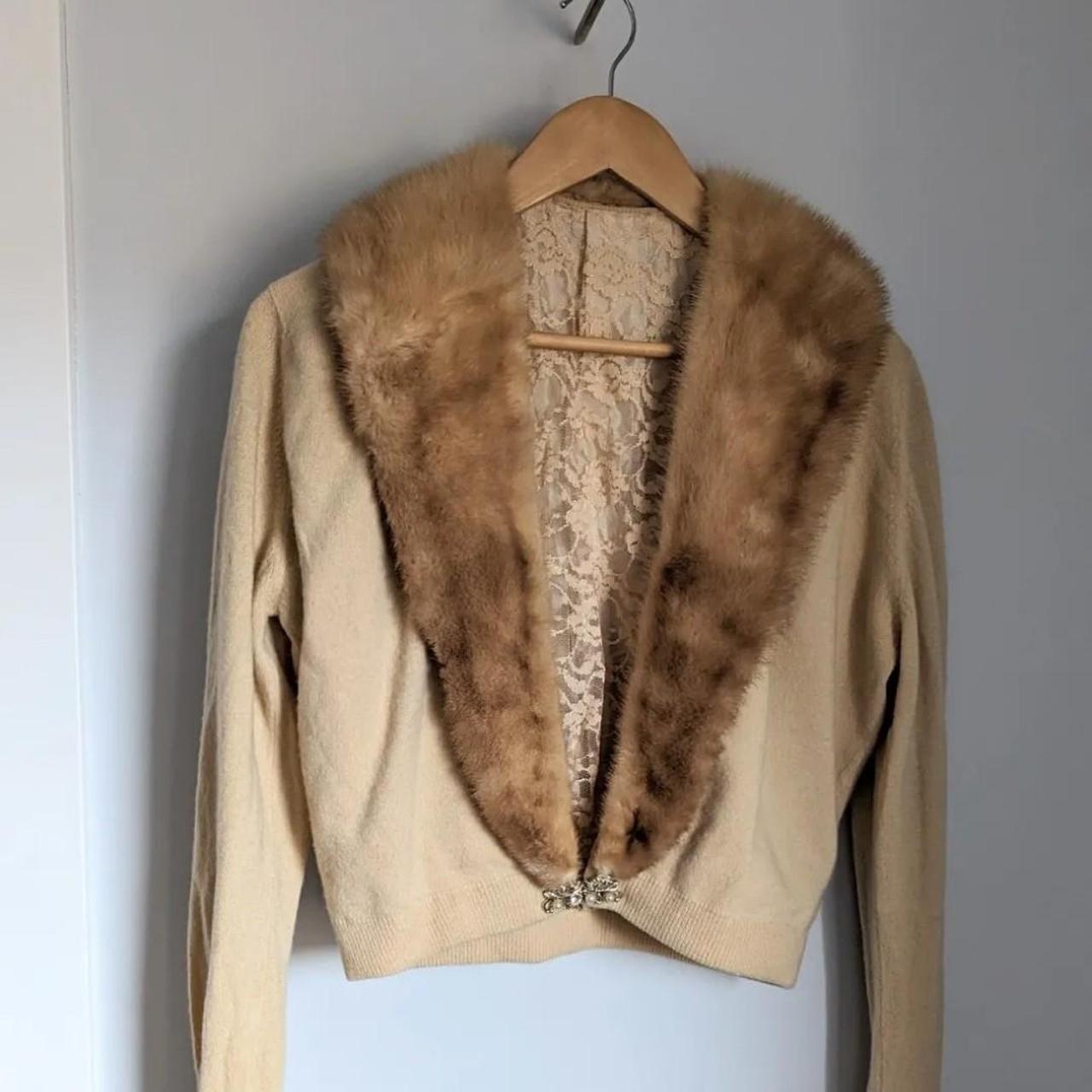 Vintage 1950s Cashmere Sweater Mink Fur Collar Lace - Depop