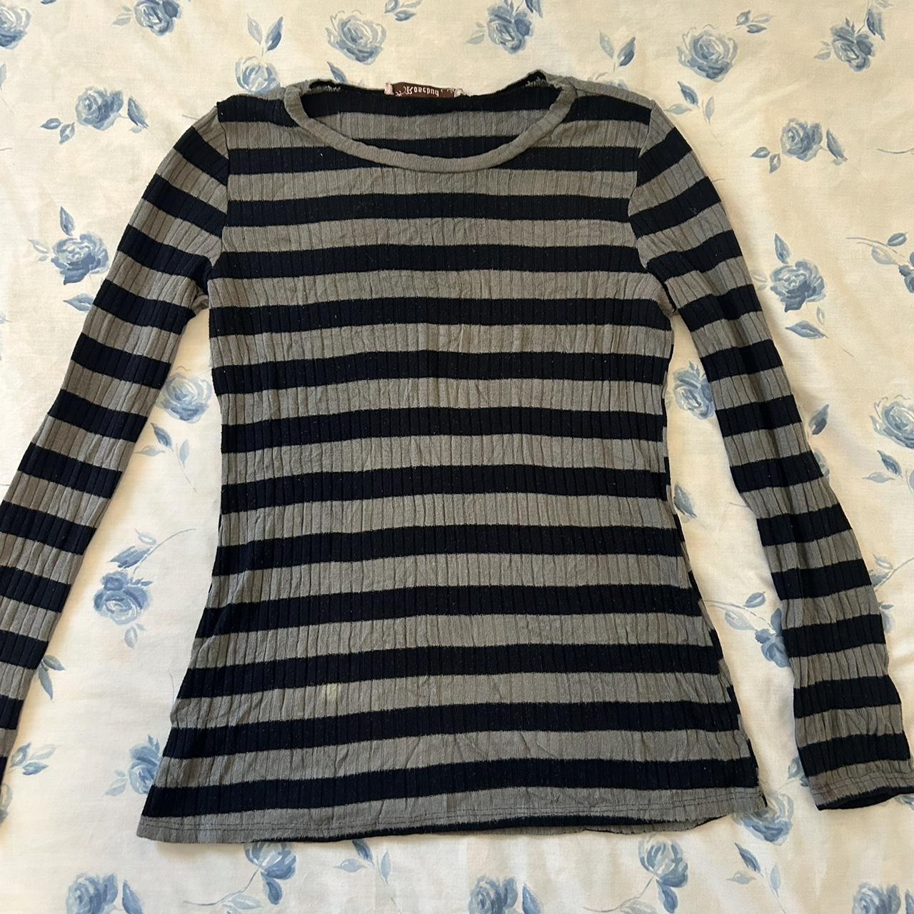y2k rosebud grey and navy striped sweater size... - Depop