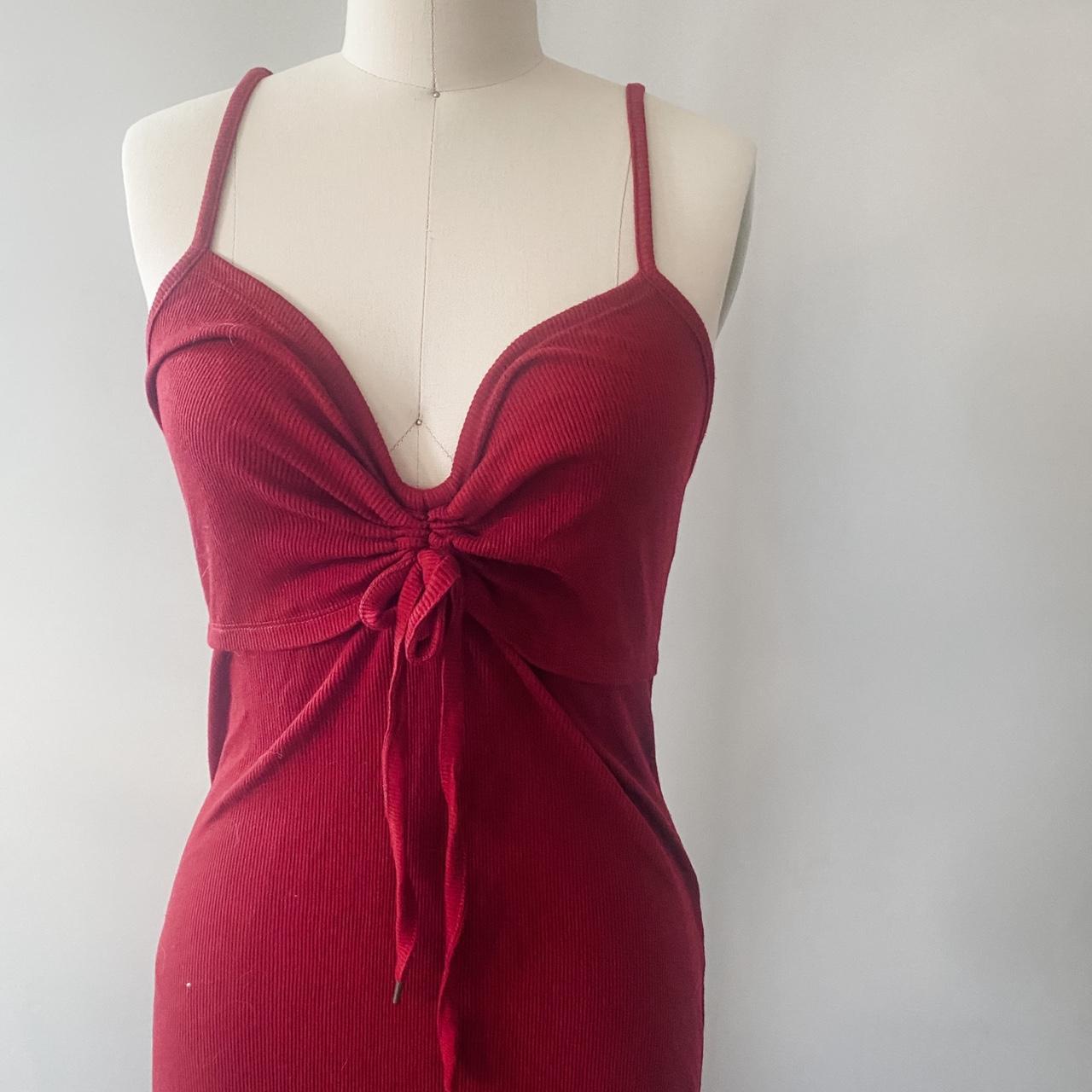 This red dress features a bodice with an adjustable... - Depop