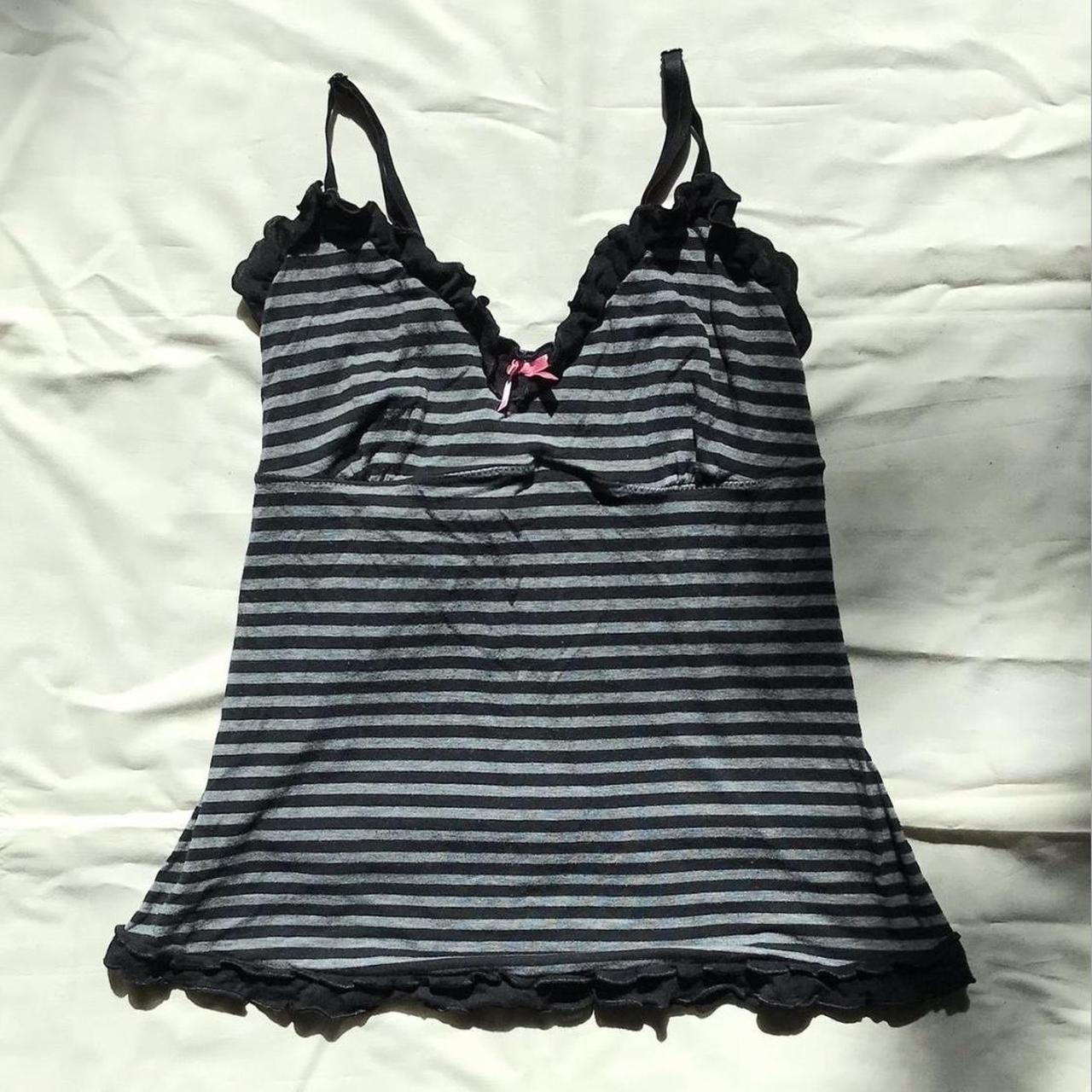 black and gray striped cami with pink bow size... - Depop