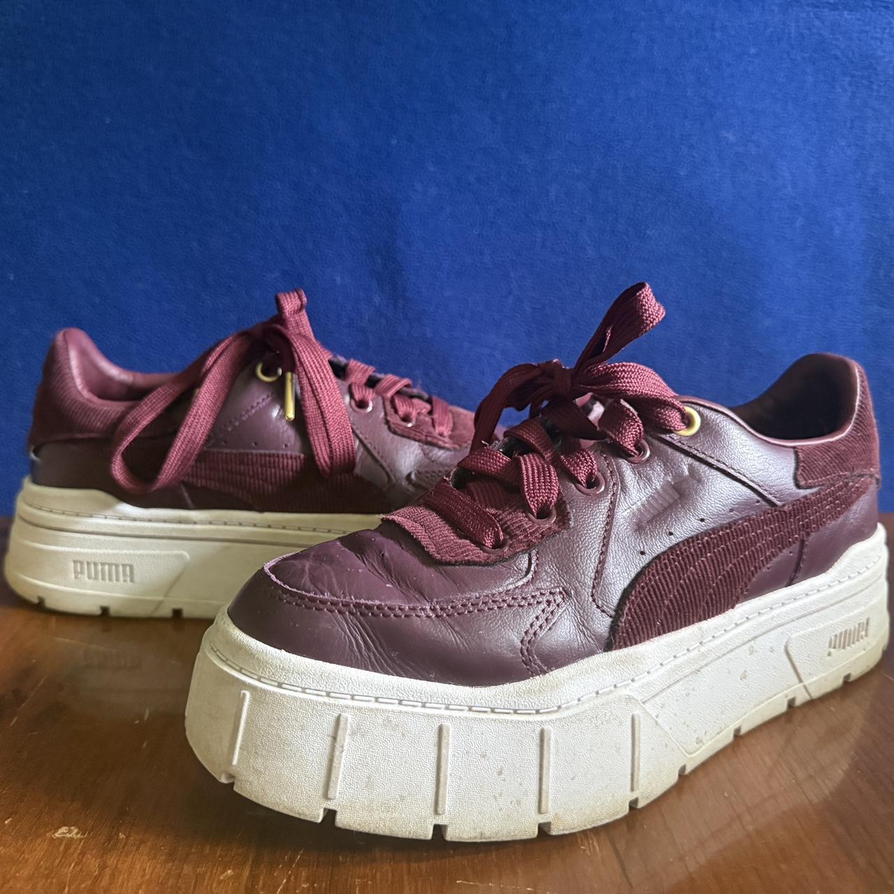 Burgundy Puma trainers with a platform soles Mix Depop