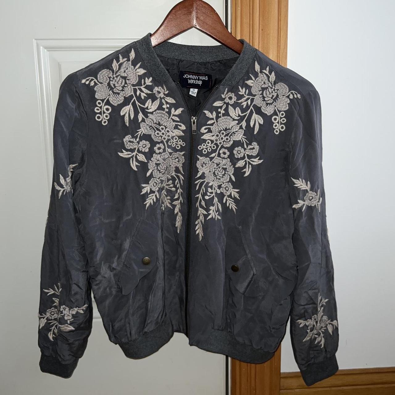 Silk Floral Embroidered Bomber Jacket XS 100%... - Depop