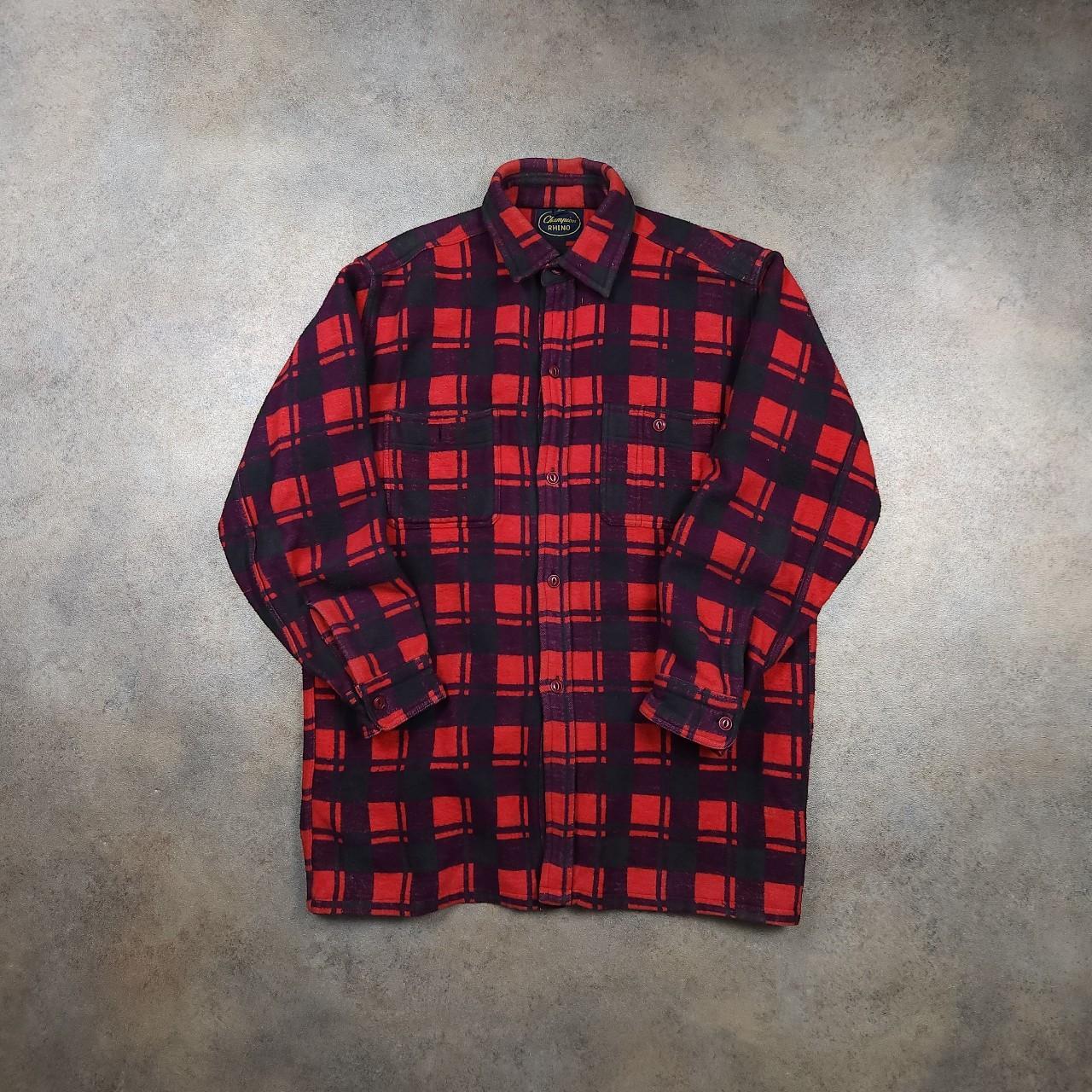 Vintage Champion Flannel Shirt Red black colour,... - Depop