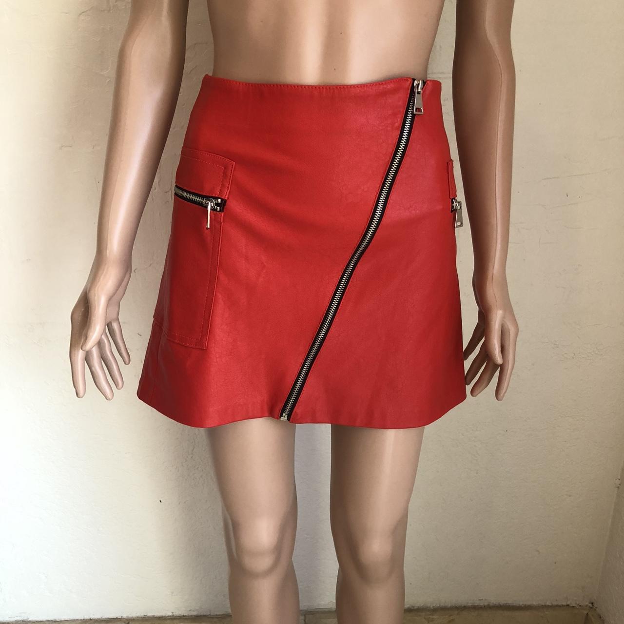 Depop Bershka Red Leather Skirt Bershka Faux Leather Red Faux Fur