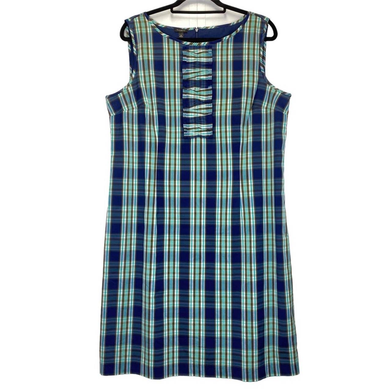 Talbots Plaid Dress 16 Blue Green Sleeveless A-Line... - Depop