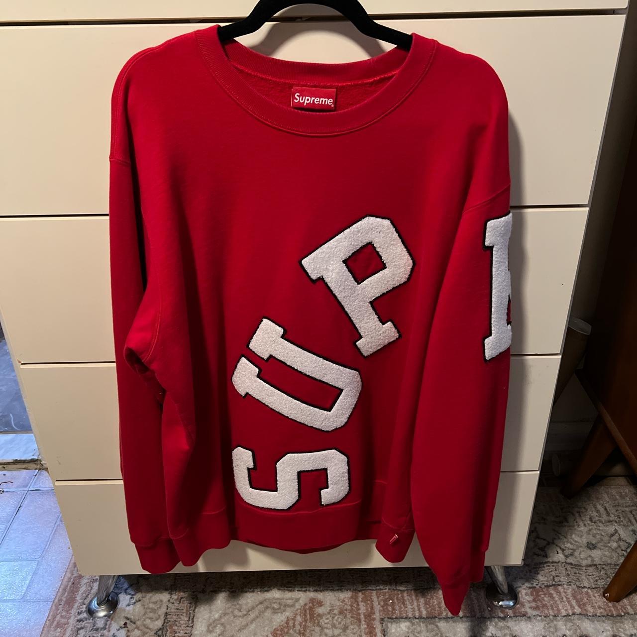 100% authentic red supreme logo sweater red size... - Depop