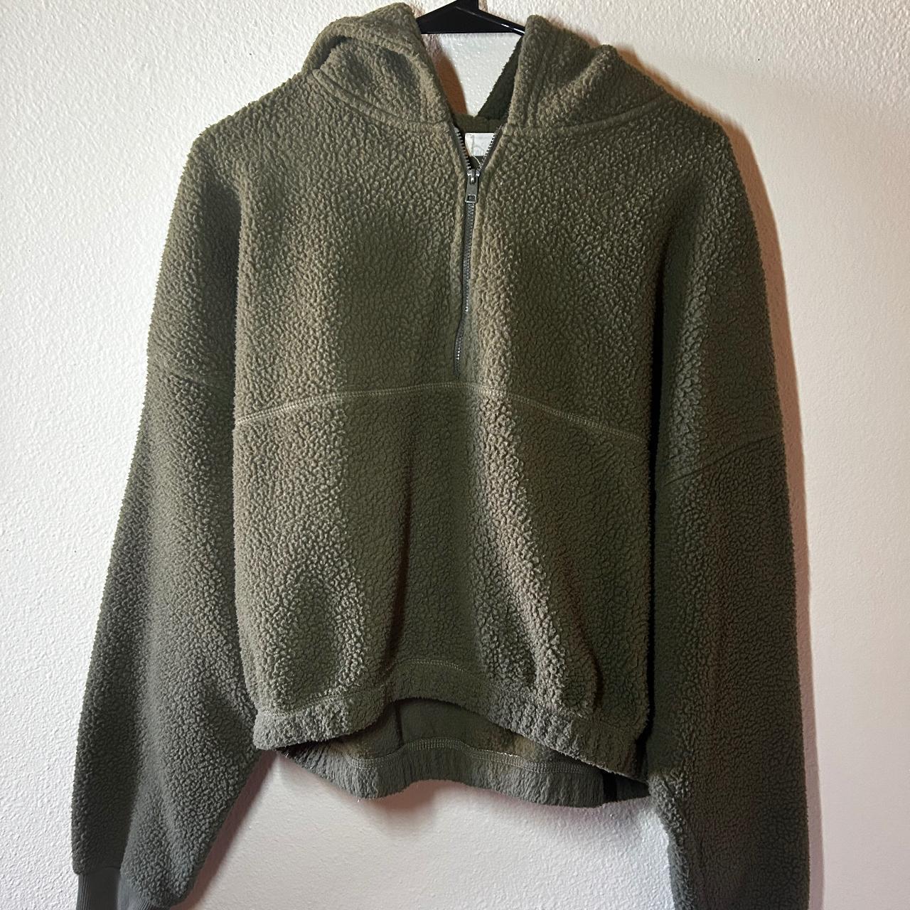 large army green cropped fleece hoodie with a mid... - Depop