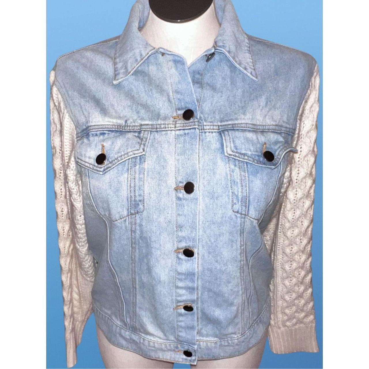 POL Denim Jean Jacket With Cable Knit Sleeves Size... - Depop