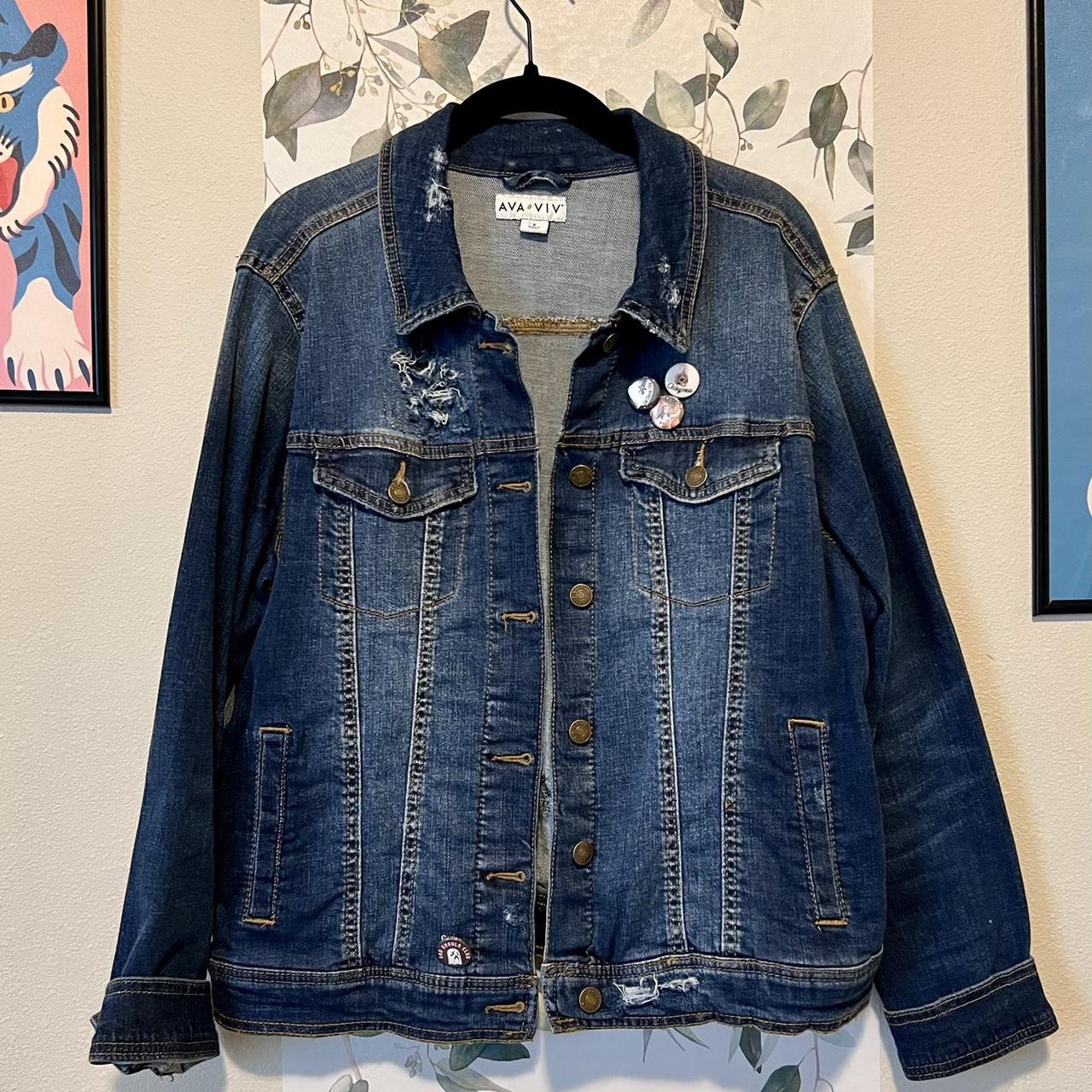 Hand Distressed blue denim jacket with a few pins