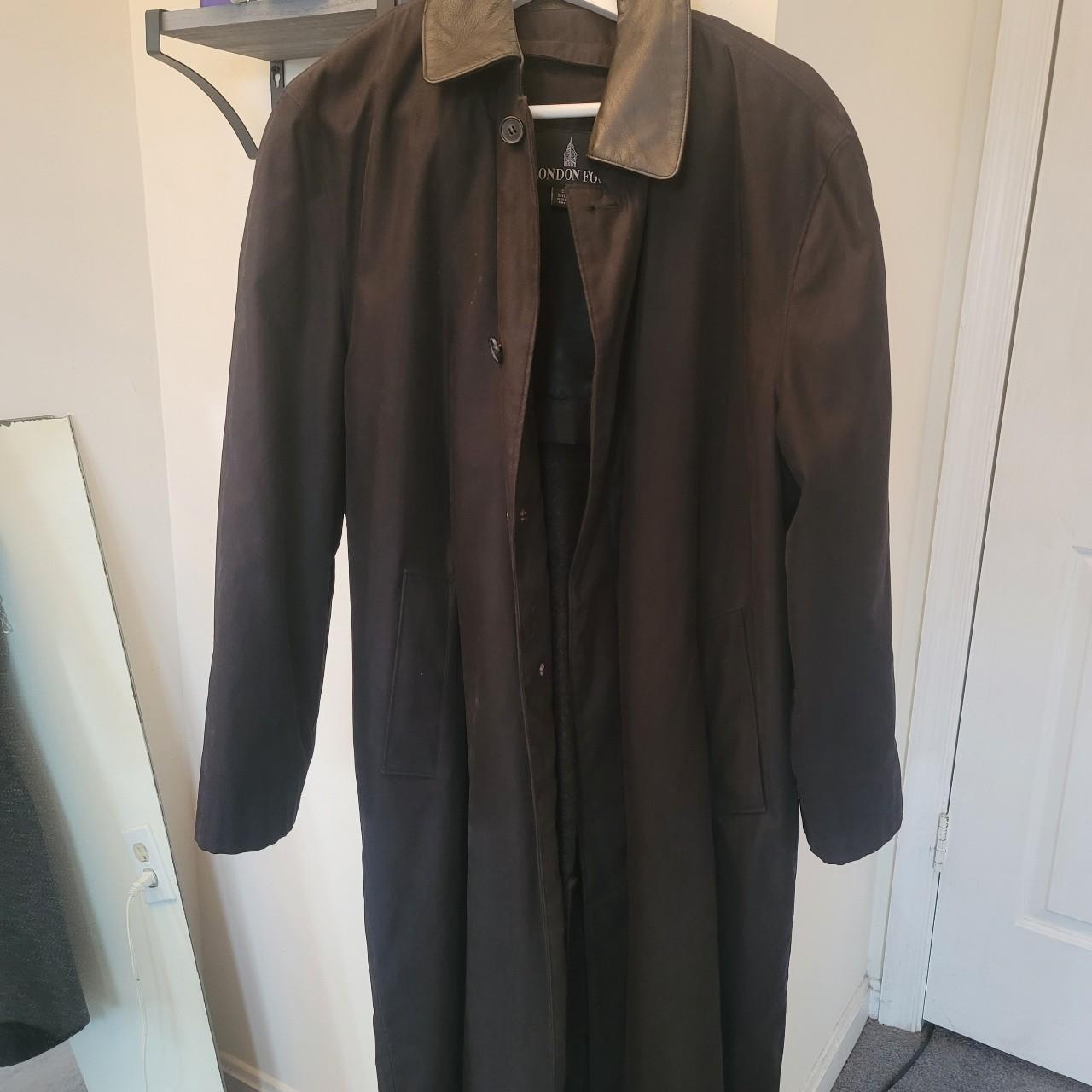 London Fog black trench coat, leather collar Size:... - Depop