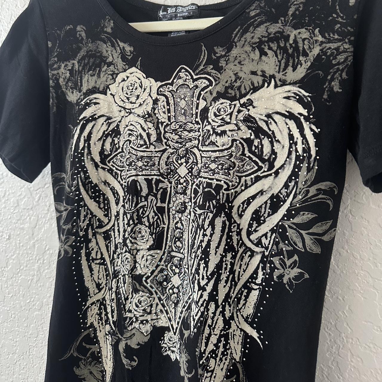 y2k grunge bedazzled cross and angel wings shirt | Depop