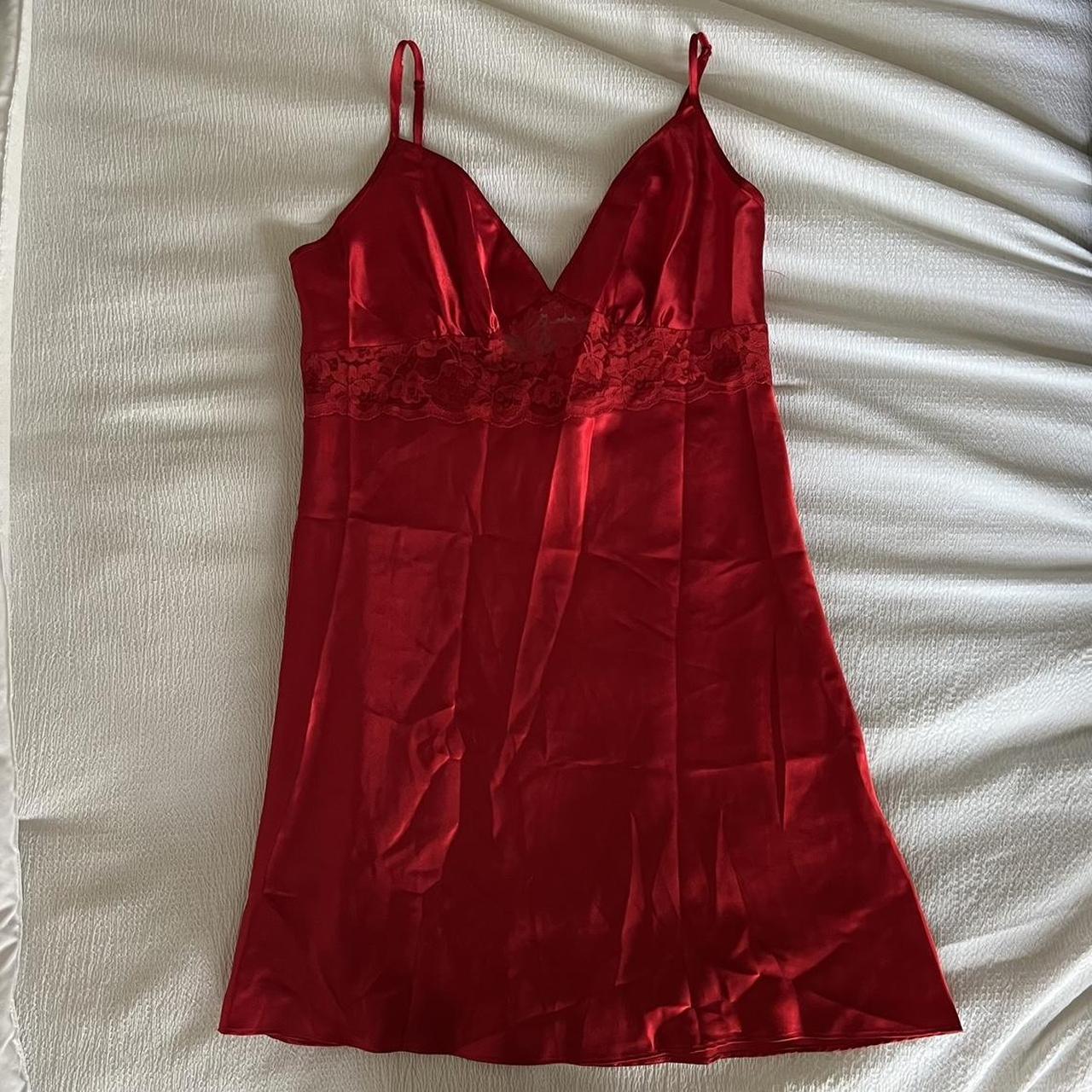 red satin slip dress with lacey details and... - Depop