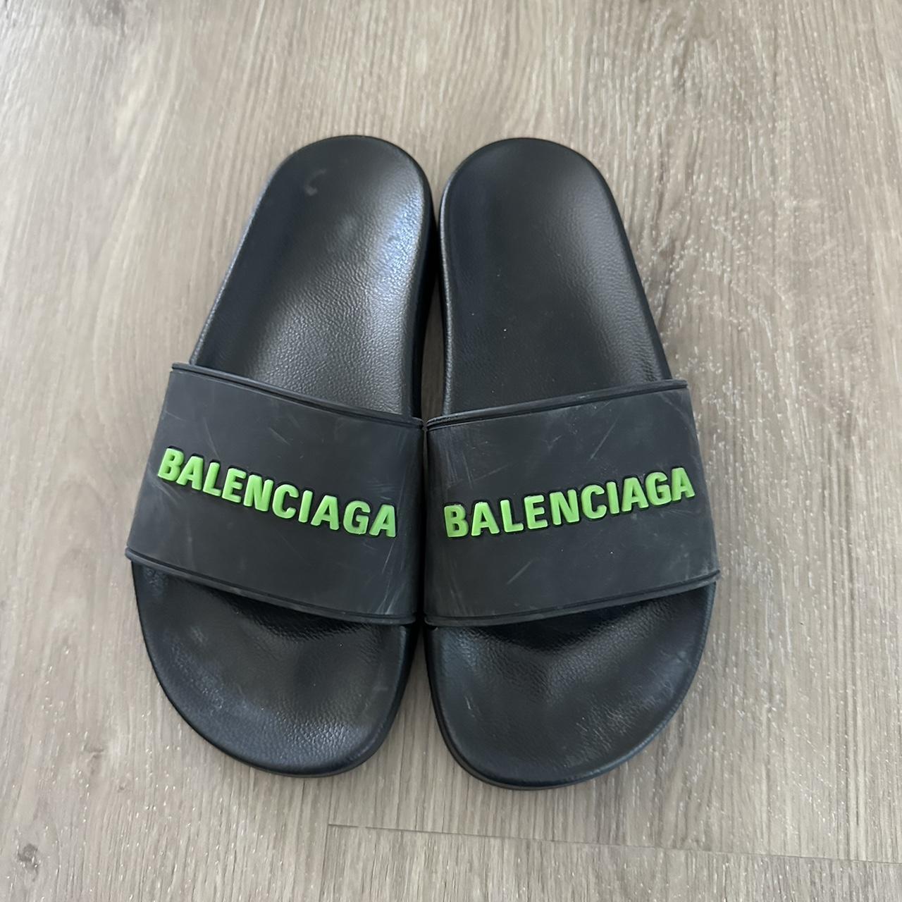 Balenciaga Women's Black and Green Slides Depop
