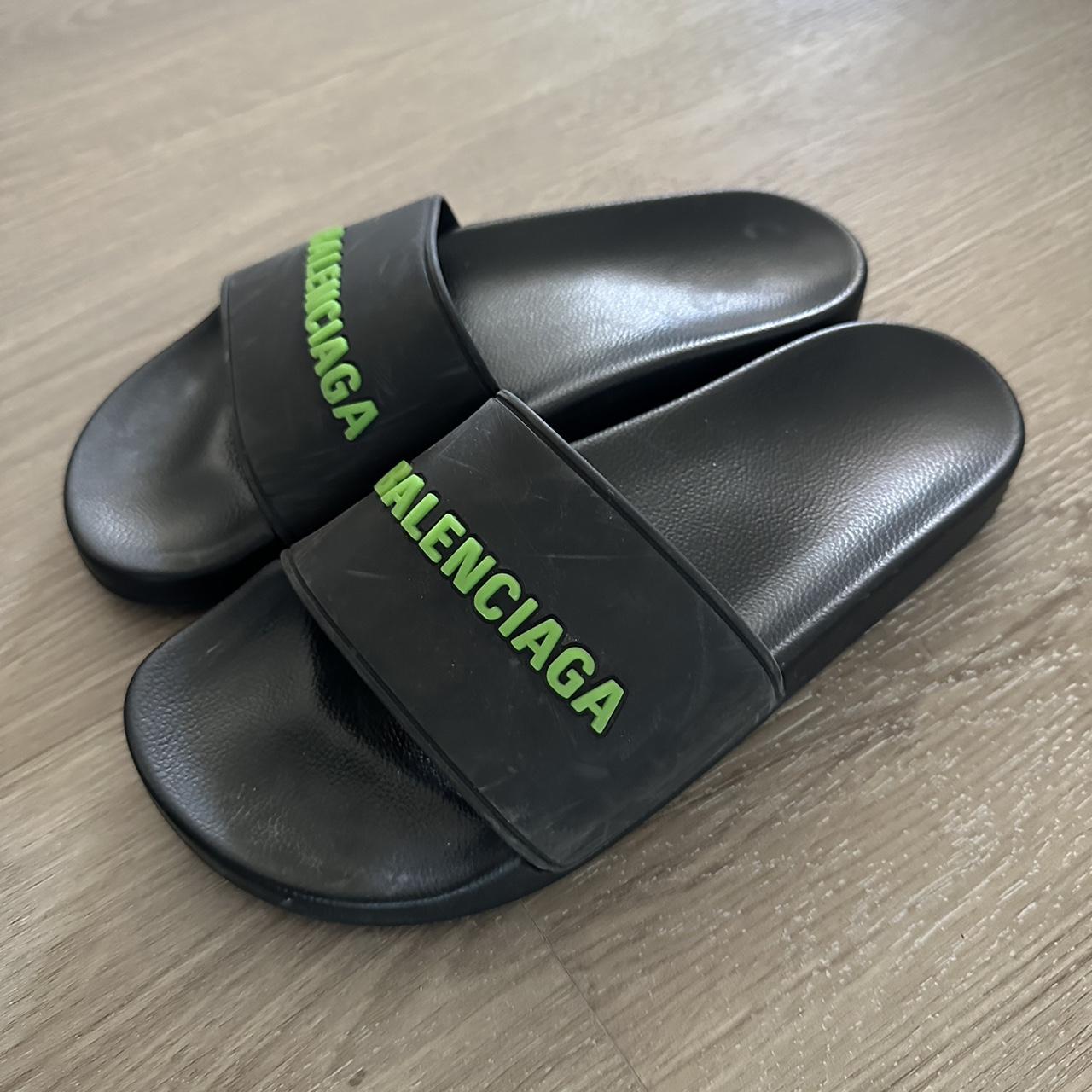 Balenciaga Women's Black and Green Slides Depop