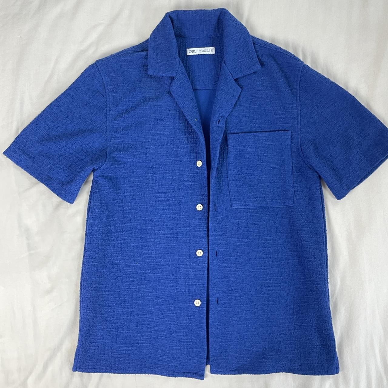 Zara Men’s Blue Knit Button Up - Depop