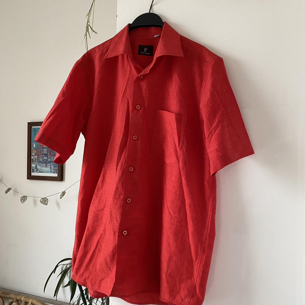 Red 'Fly Fish' vintage button up shirt, in excellent... - Depop