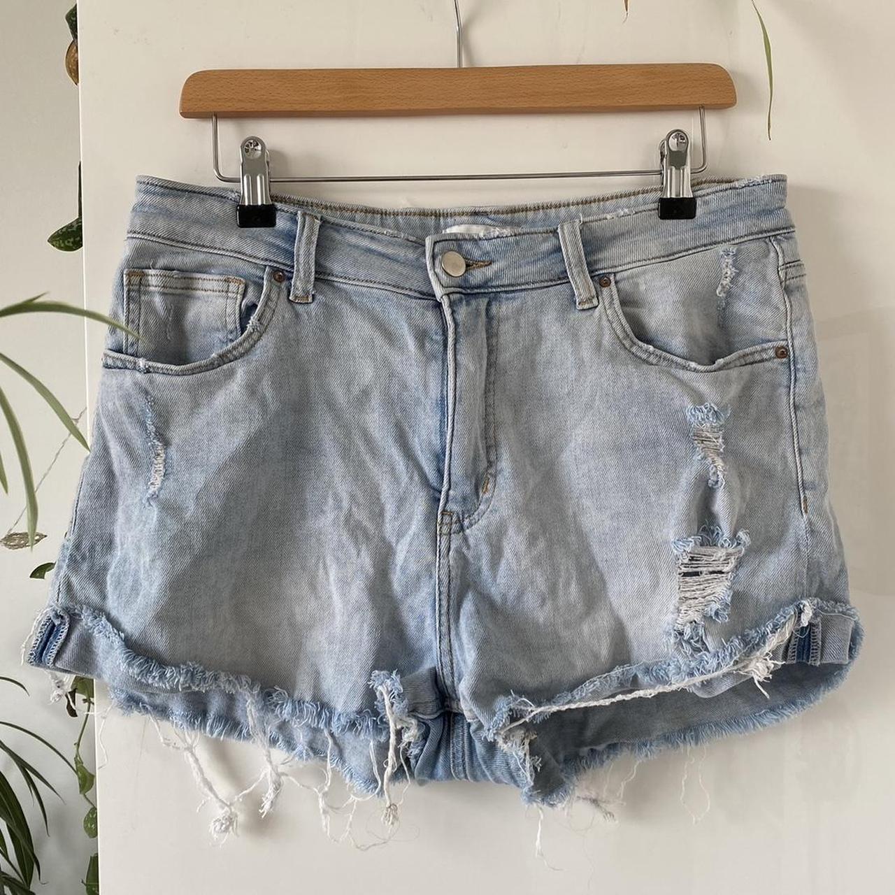 Light wash distressed denim shorts, UK 14 better fit... - Depop