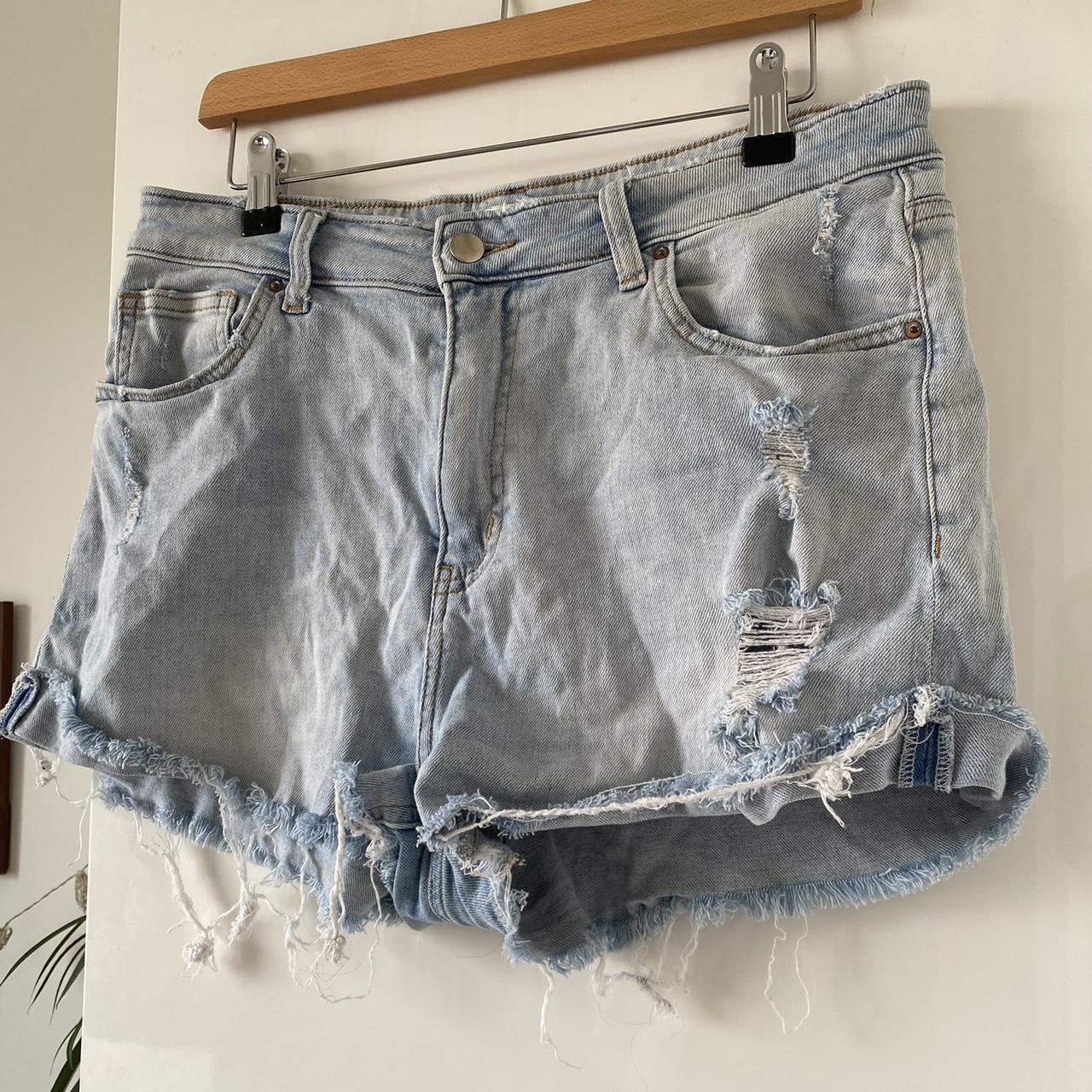 Light wash distressed denim shorts, UK 14 better fit... - Depop