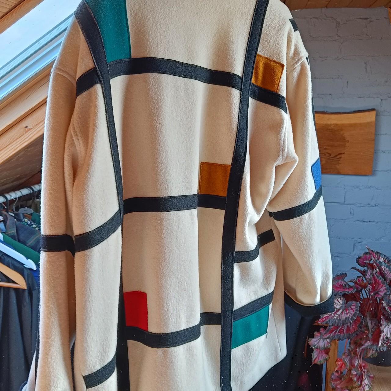 Vintage Coat offers Retro 1960s Herman Kay + Wool Blend + Abstract + Mondrian Style + Mod + Statement + Multi Color + Fashion + Apparel