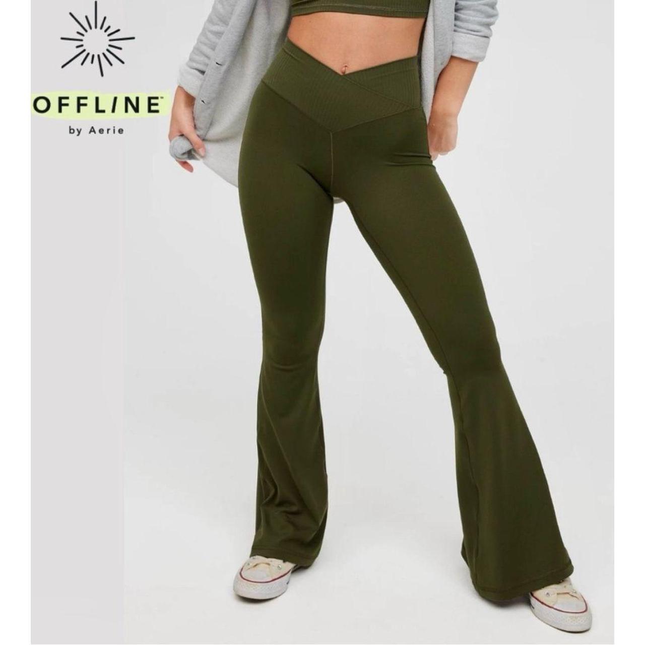 OFFLINE By Aerie Real Me High Waisted Crossover Flare Legging in Olive green