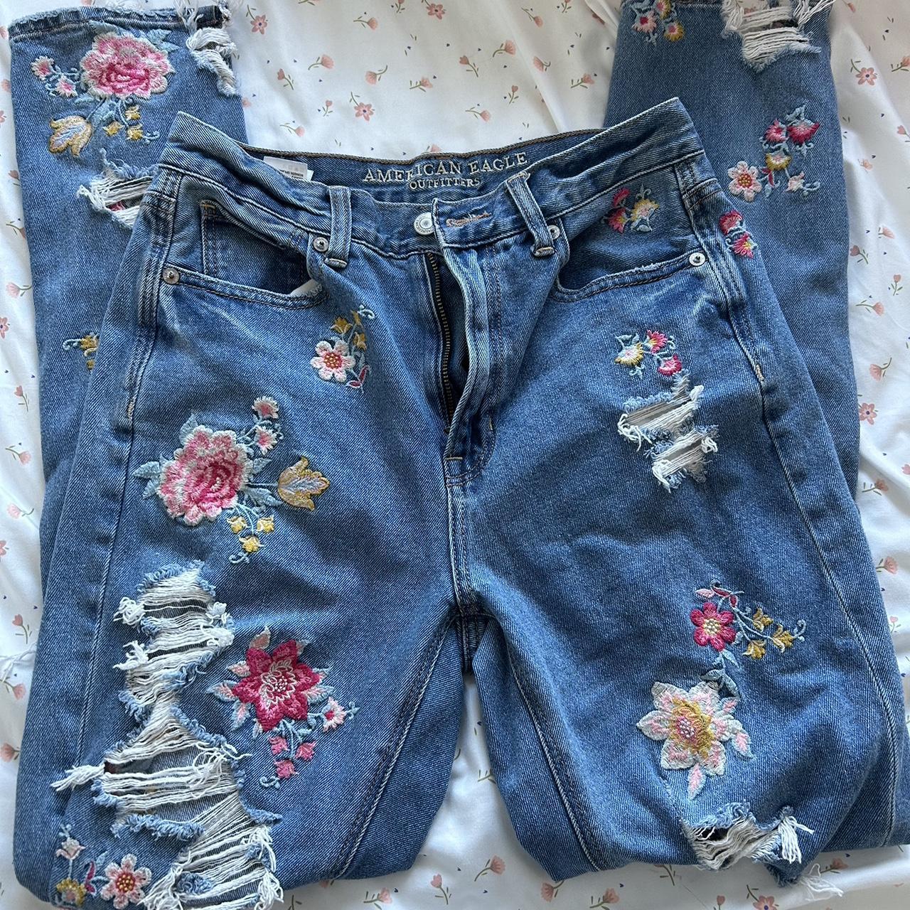 Size 2 long American eagle jeans with embroidered... - Depop