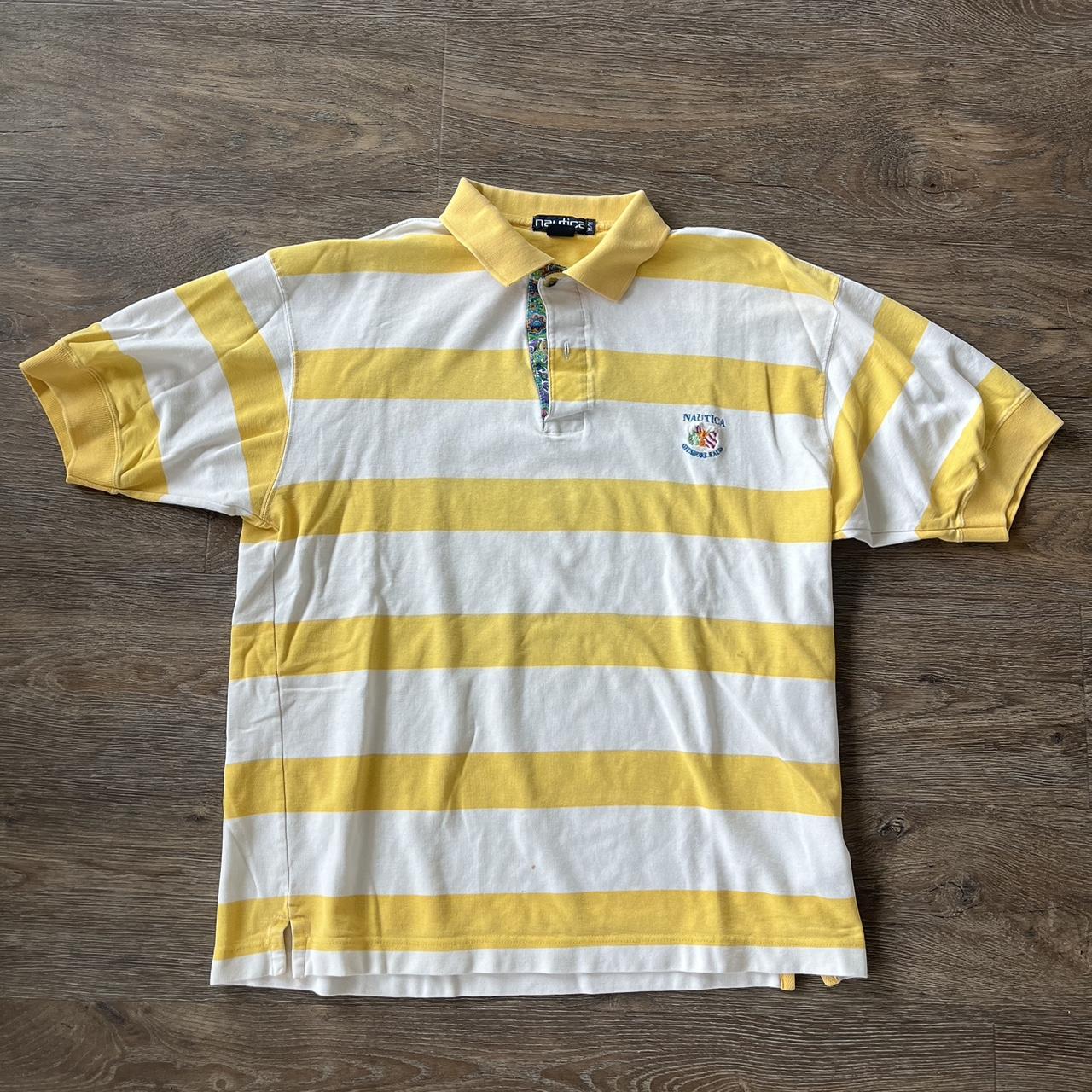 2000s Nautica Striped Yellow/White Polo XL... - Depop