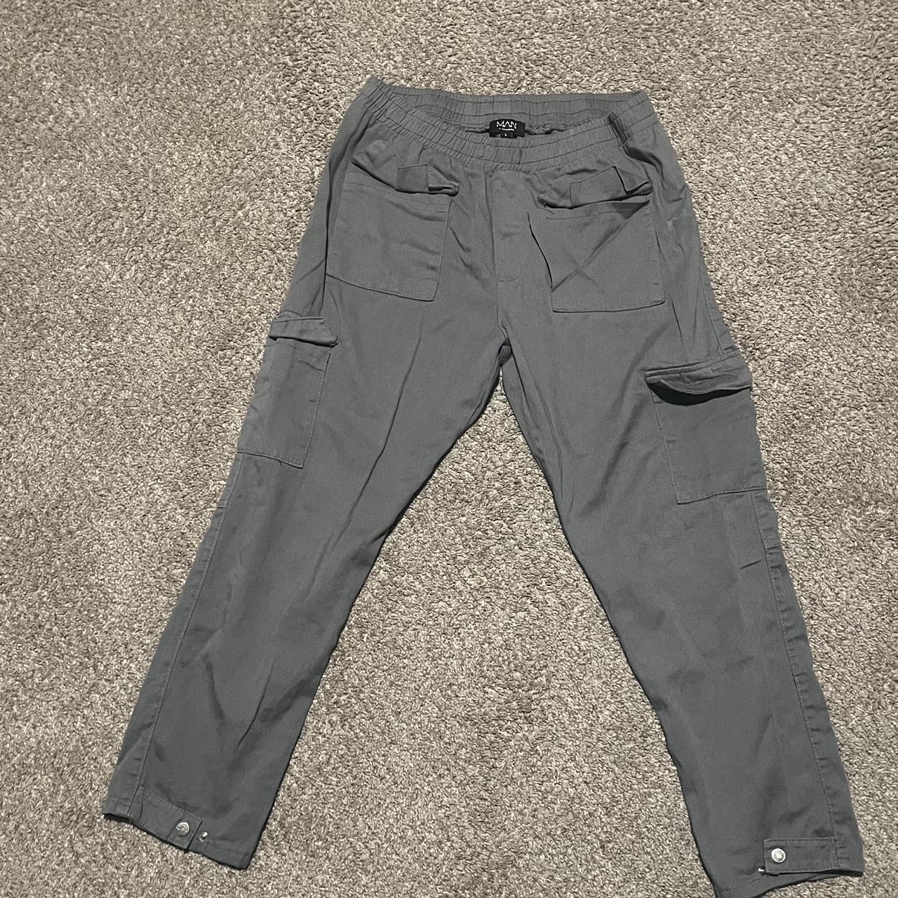 Boohooman grey cargo pants pocket is slightly ripped - Depop