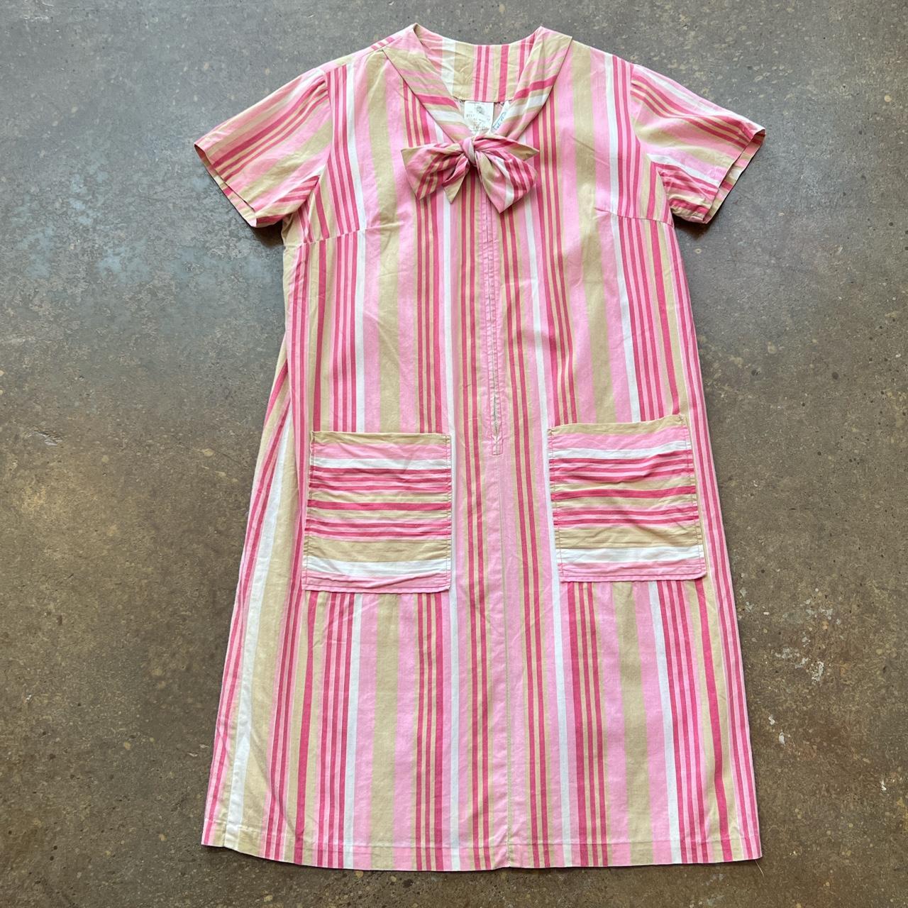 Vintage 1960s pink striped house dress Short... - Depop