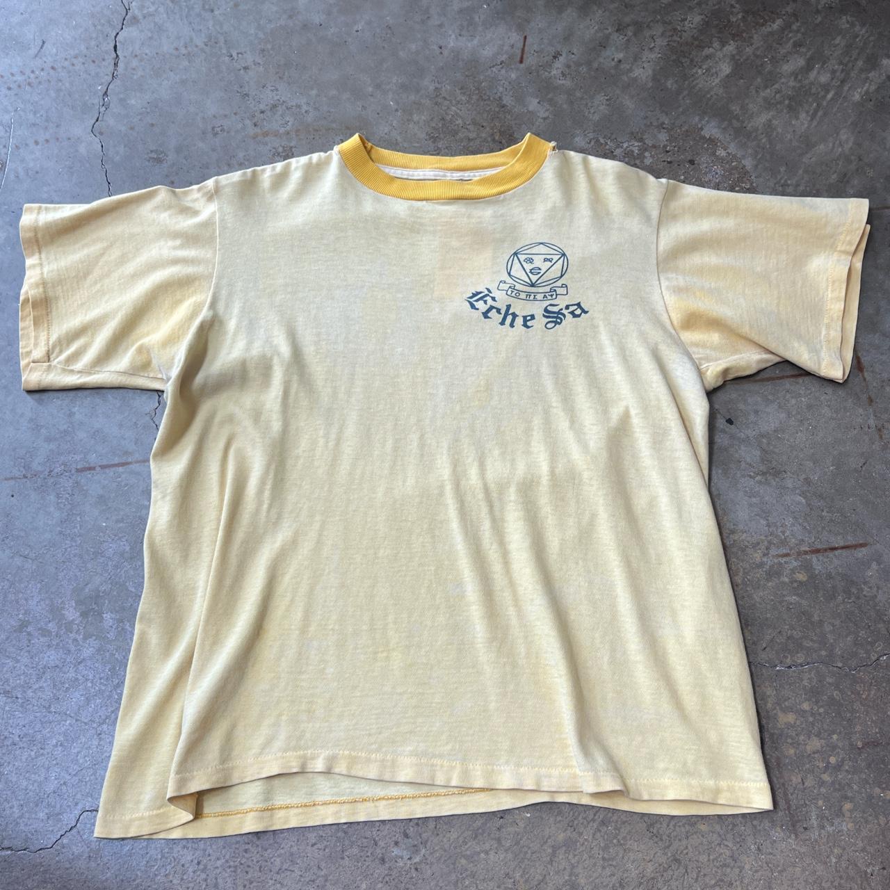 Vintage 1960s yellow frat tee Nice, thrashed, Greek... - Depop