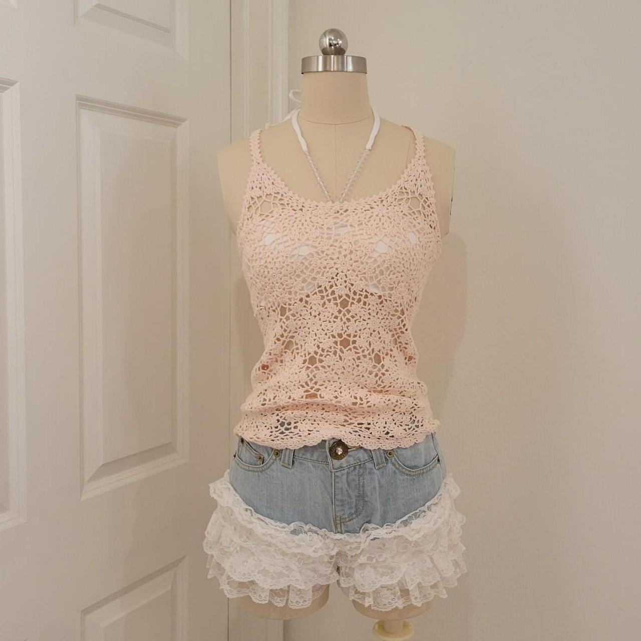 ♡Vintage liz lisa pink crochet top white bra top | Depop