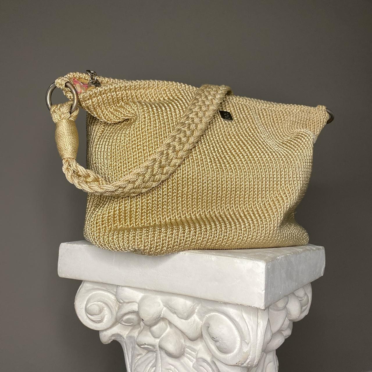 cutest summer bag - tan knitted bag - pink flower... - Depop