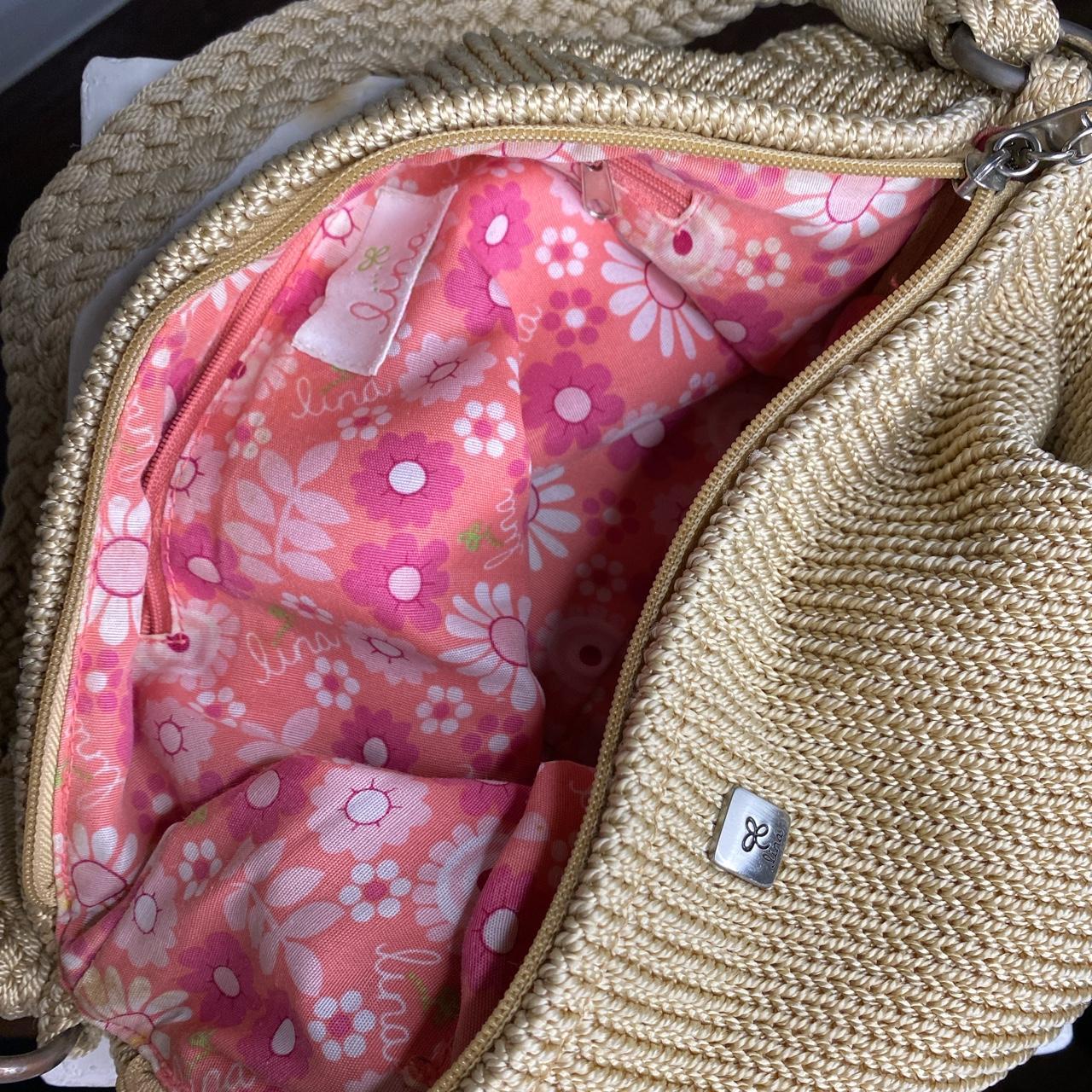 cutest summer bag tan knitted bag pink flower... Depop