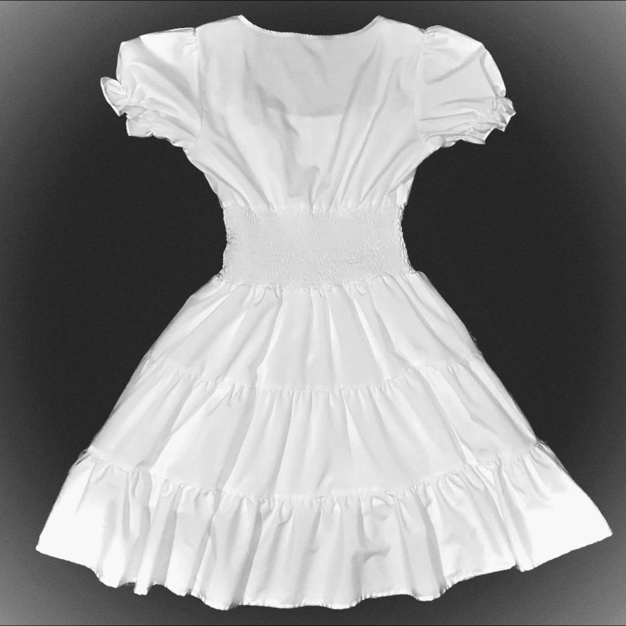 White dress, square neck, puff sleeve, ruffle trim,... Depop