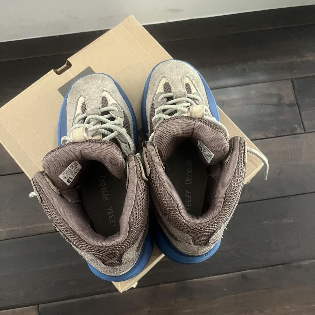 brown and blue yeezy boots