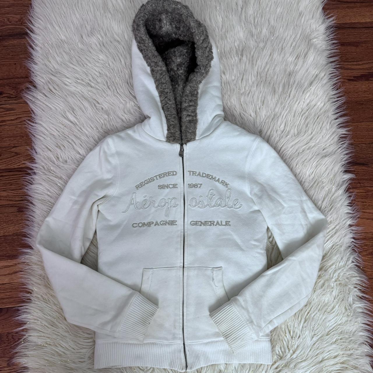 Rare White Aeropostale Fur Hoodie Is In Pre Owned Depop