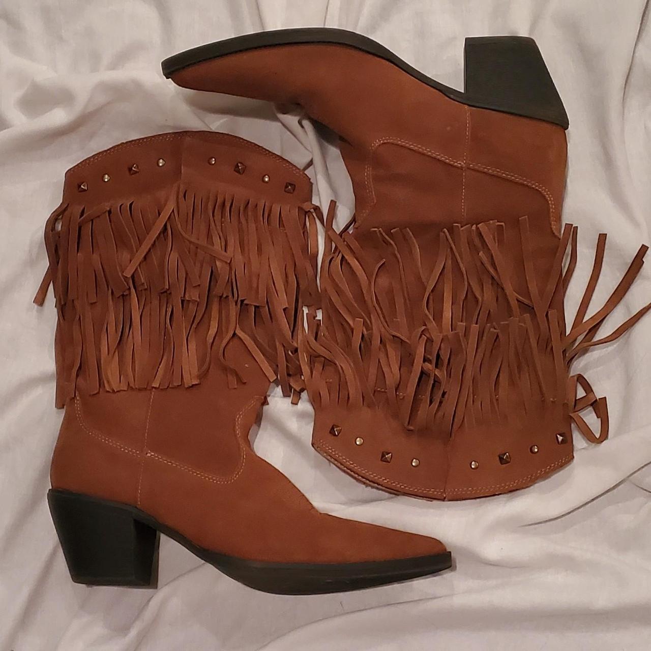 Vintage 70s Brown Suede Cowboy Boots with Fringe and... - Depop