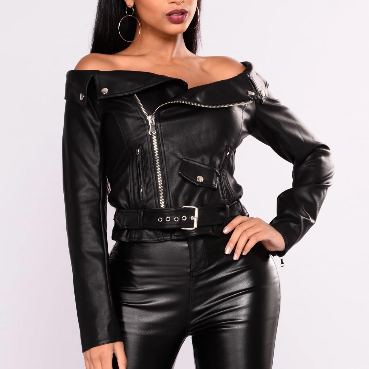 Off the shoulder black leather jacket top Worn once. Depop