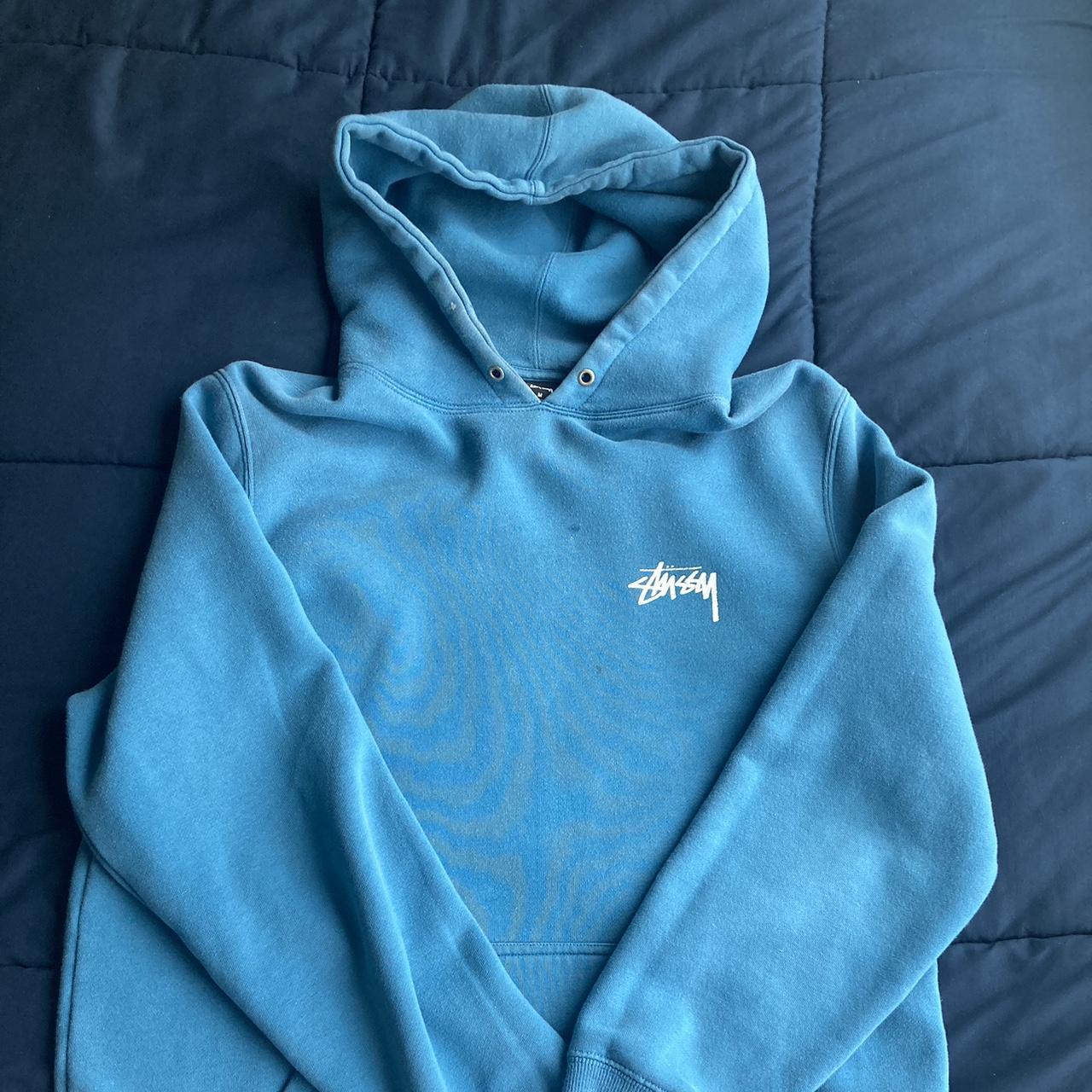 Stüssy Men's Blue and Black Hoodie | Depop