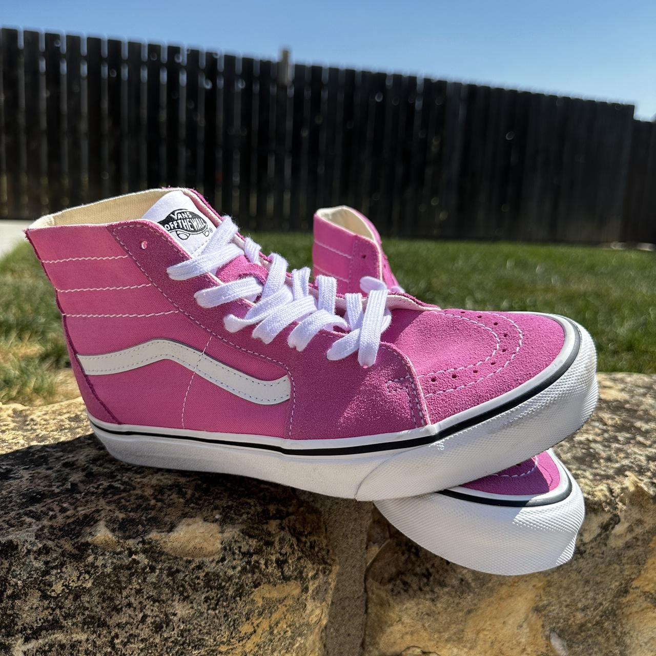 vans bright pink high tops scuff on the front of