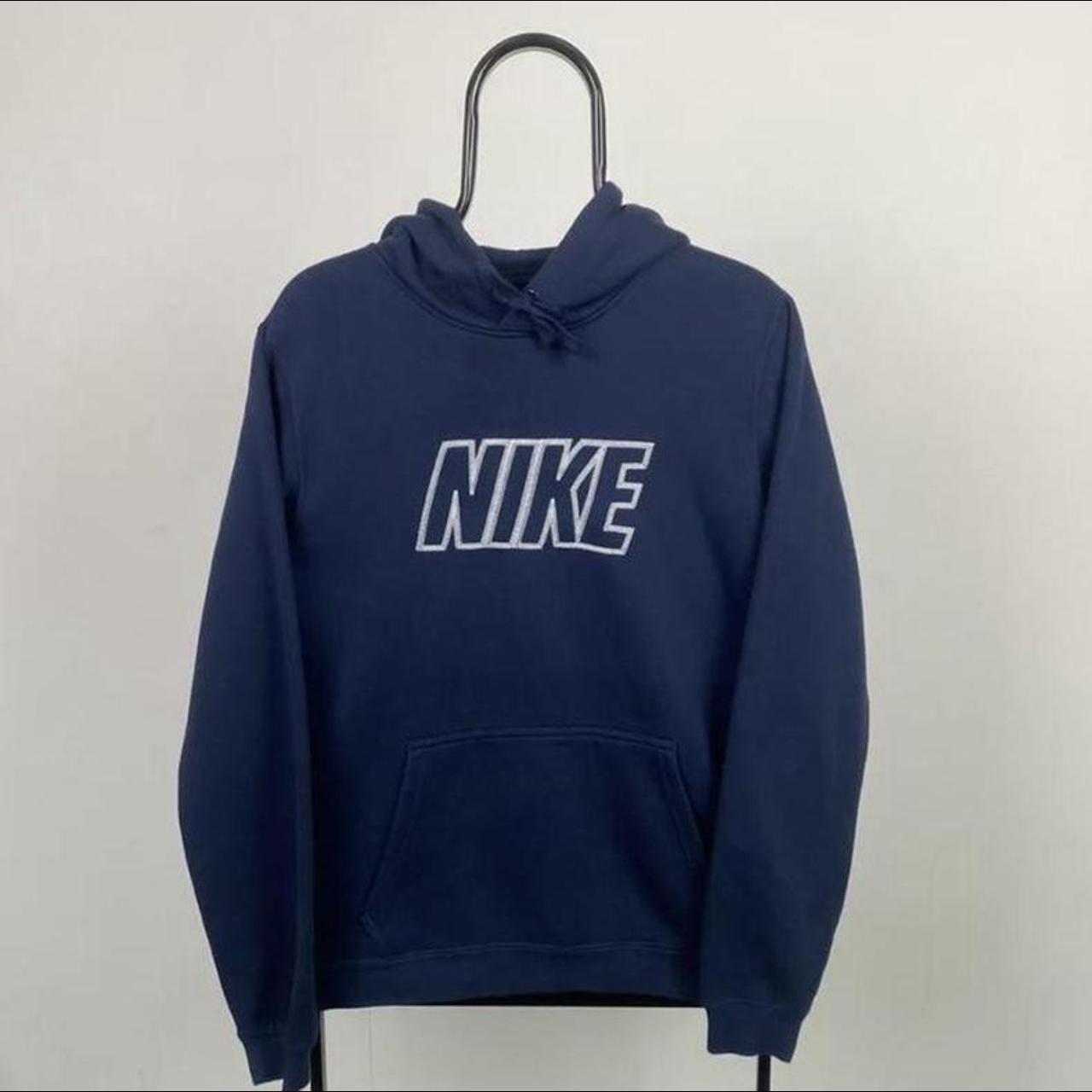 nike club navy hoodie. size medium can fit a small... - Depop