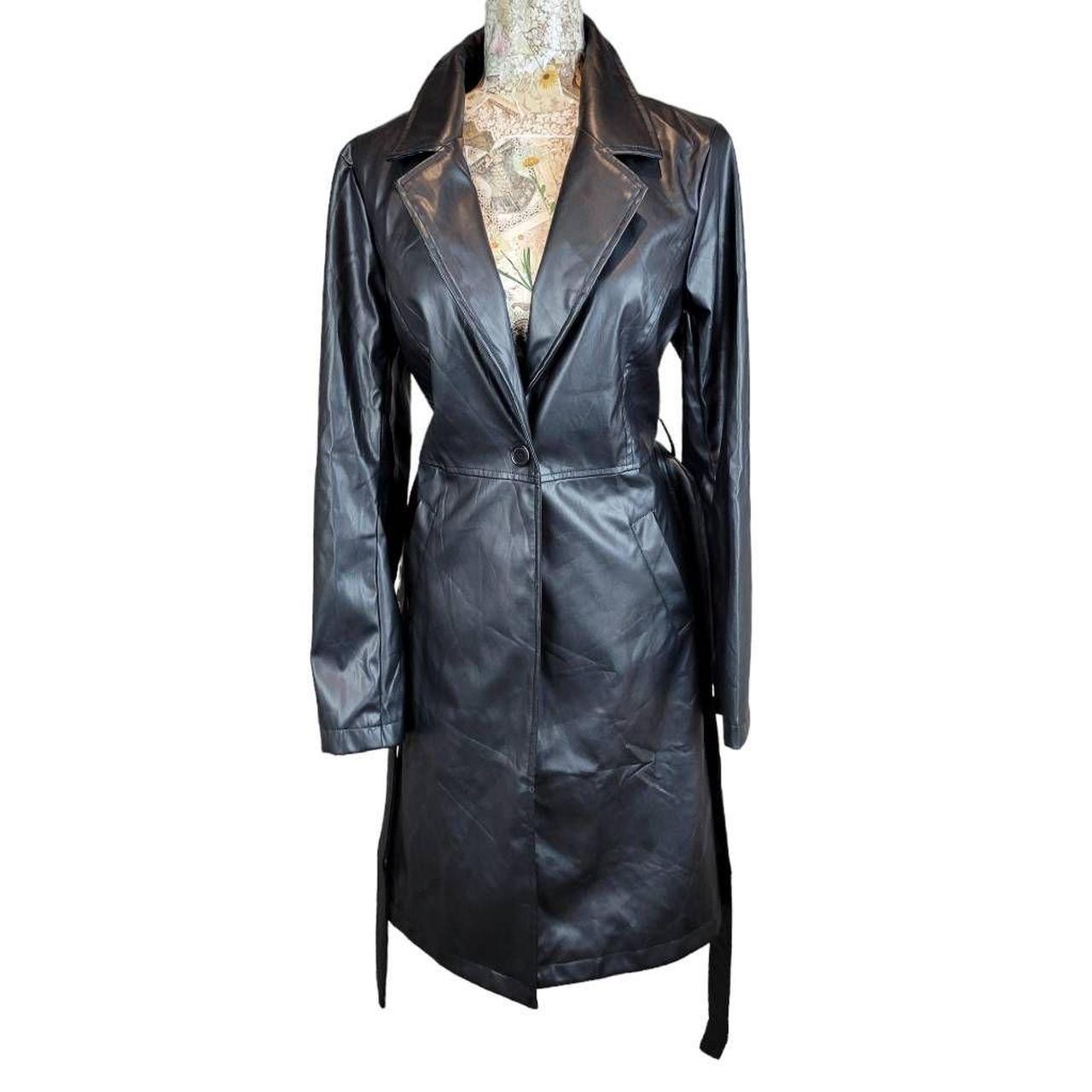 Black Faux Leather Long Coat Matrix Style sz L in... - Depop