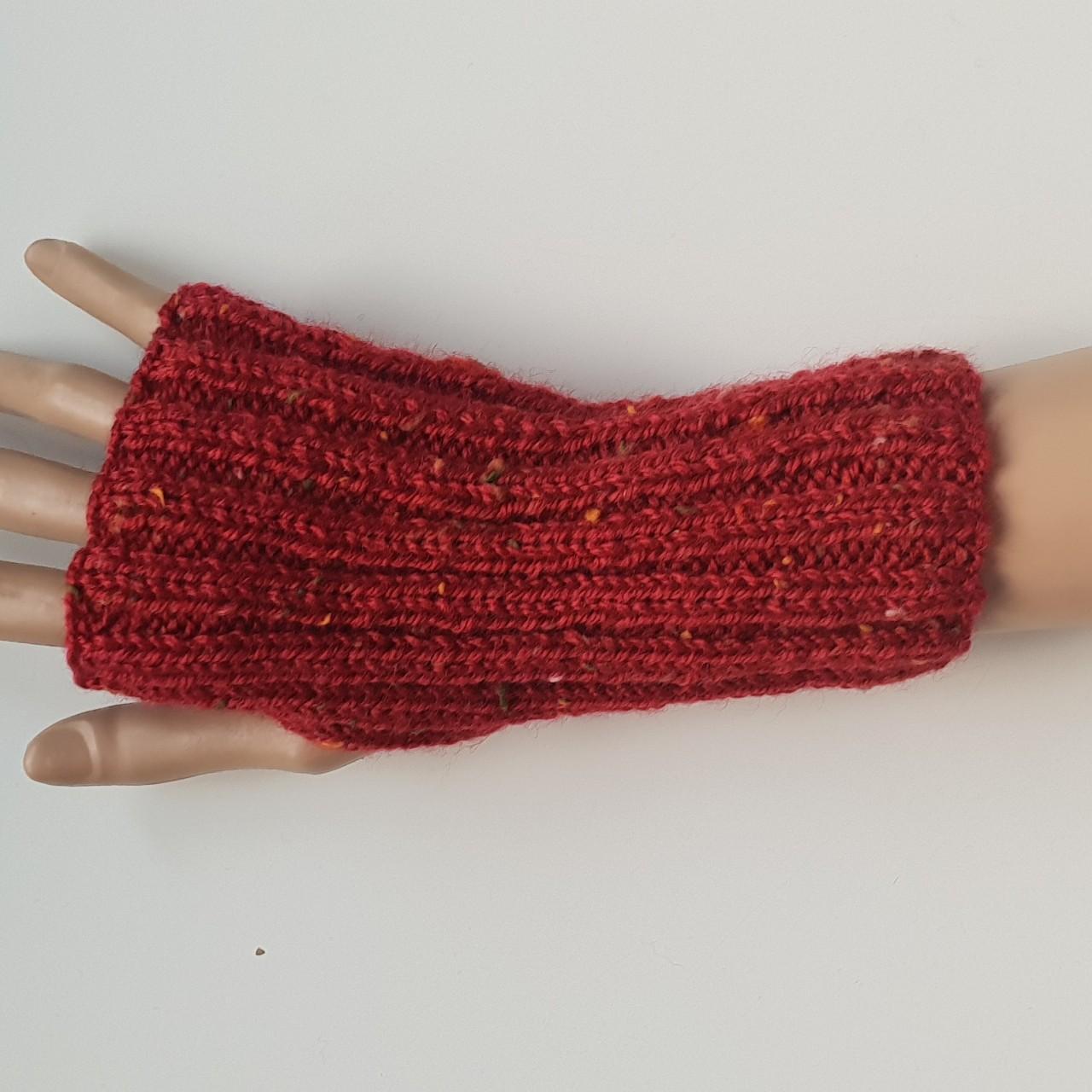 Red fingerless gloves. Hand knit ribbed fingerless… - Depop