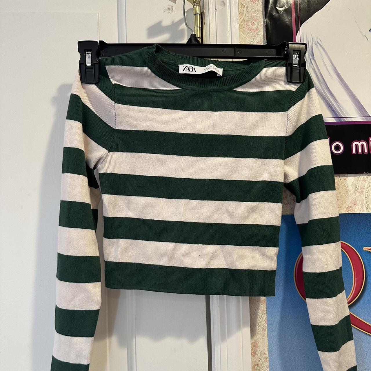 Zara green and cream striped long sleeve shirt, size... - Depop