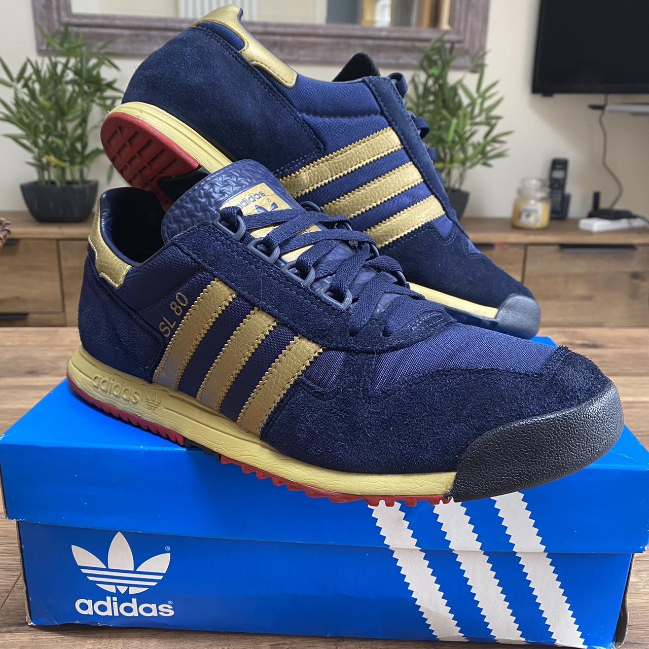 Adidas vintage SL80 navy and gold UK 9.5 ️Slight... - Depop