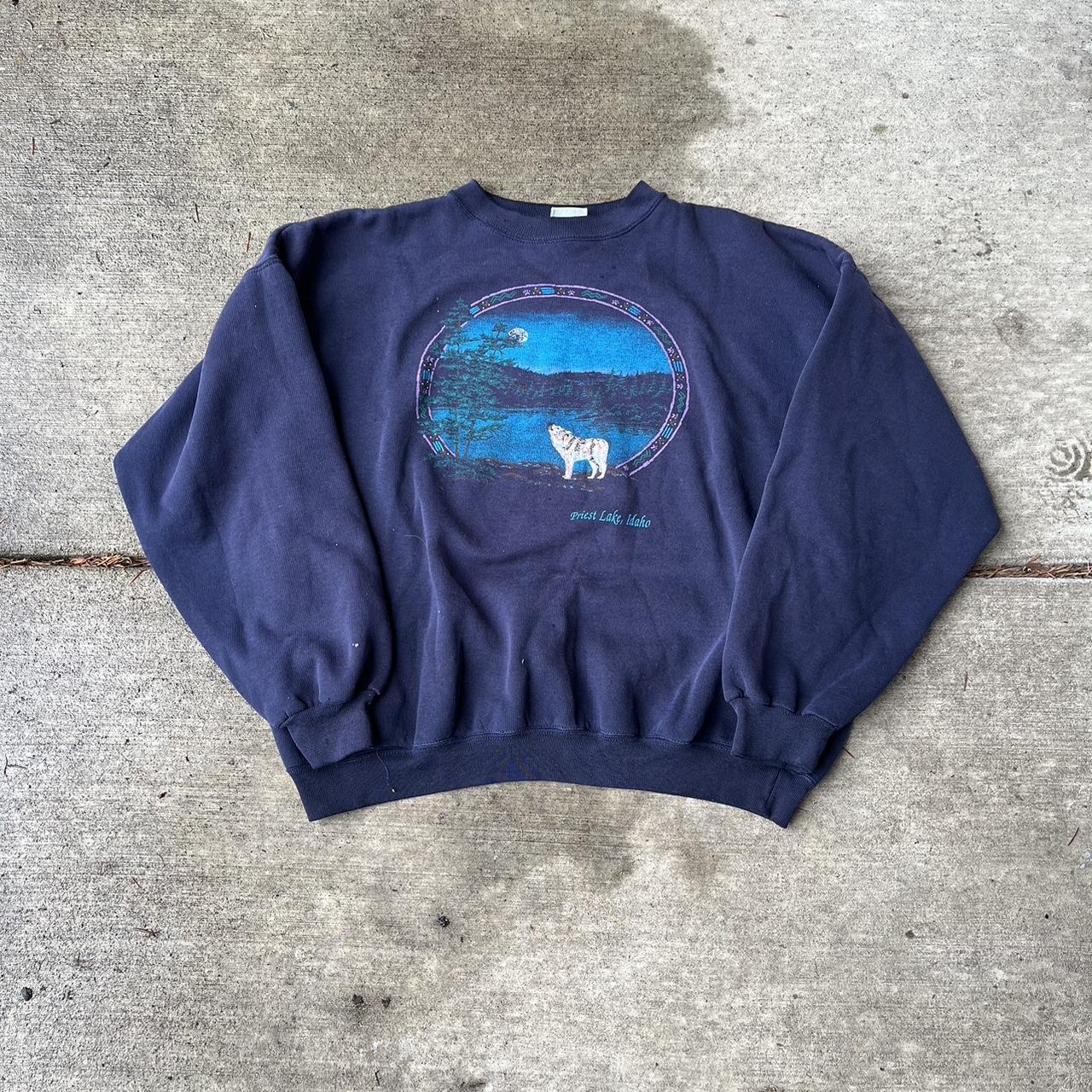 Vintage Navy Blue Wolf Nature Idaho Crewneck... - Depop