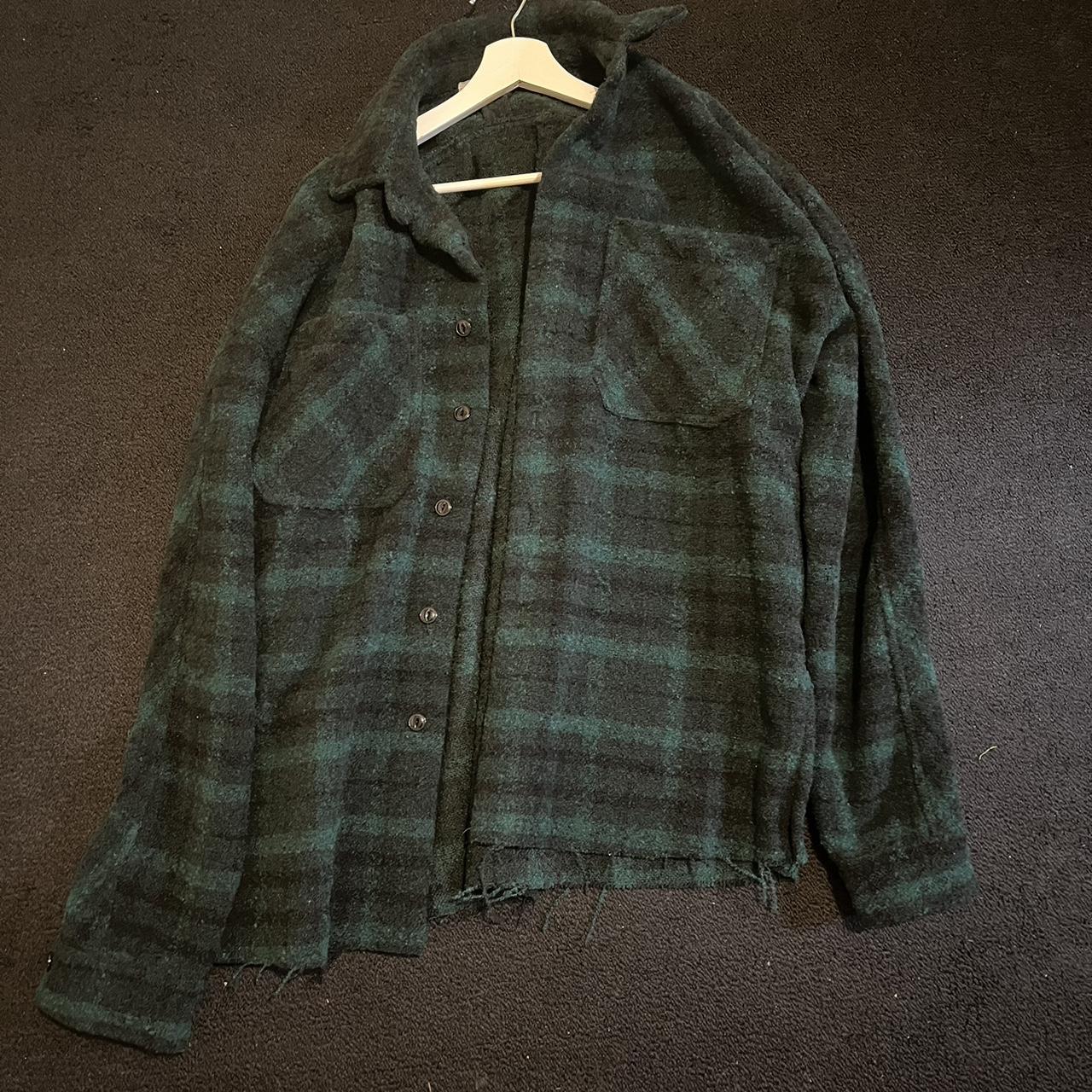 mnml loose woven flannel shirt navy/green - Depop